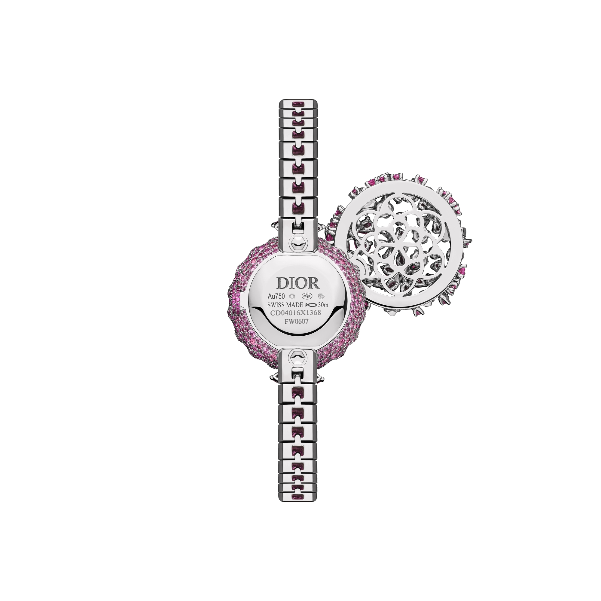 La D de Dior Précieuse à Secret Les Jardins de la Couture N°1 Ø 21 MM, White Gold, Diamonds, Pink Sapphires, Spinels, Rubies, Tsavorites and Emeralds E13