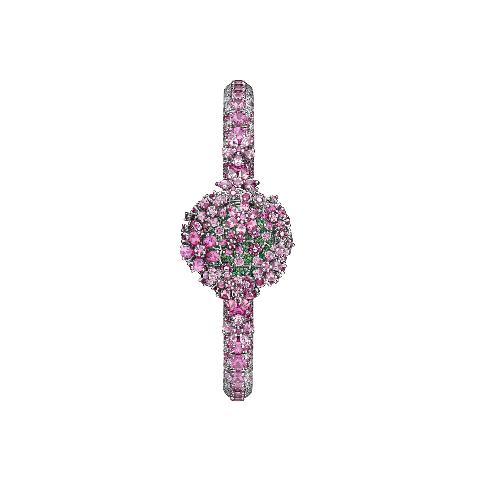 La D de Dior Précieuse à Secret Les Jardins de la Couture N°1 Ø 21 MM, White Gold, Diamonds, Pink Sapphires, Spinels, Rubies, Tsavorites and Emeralds E15