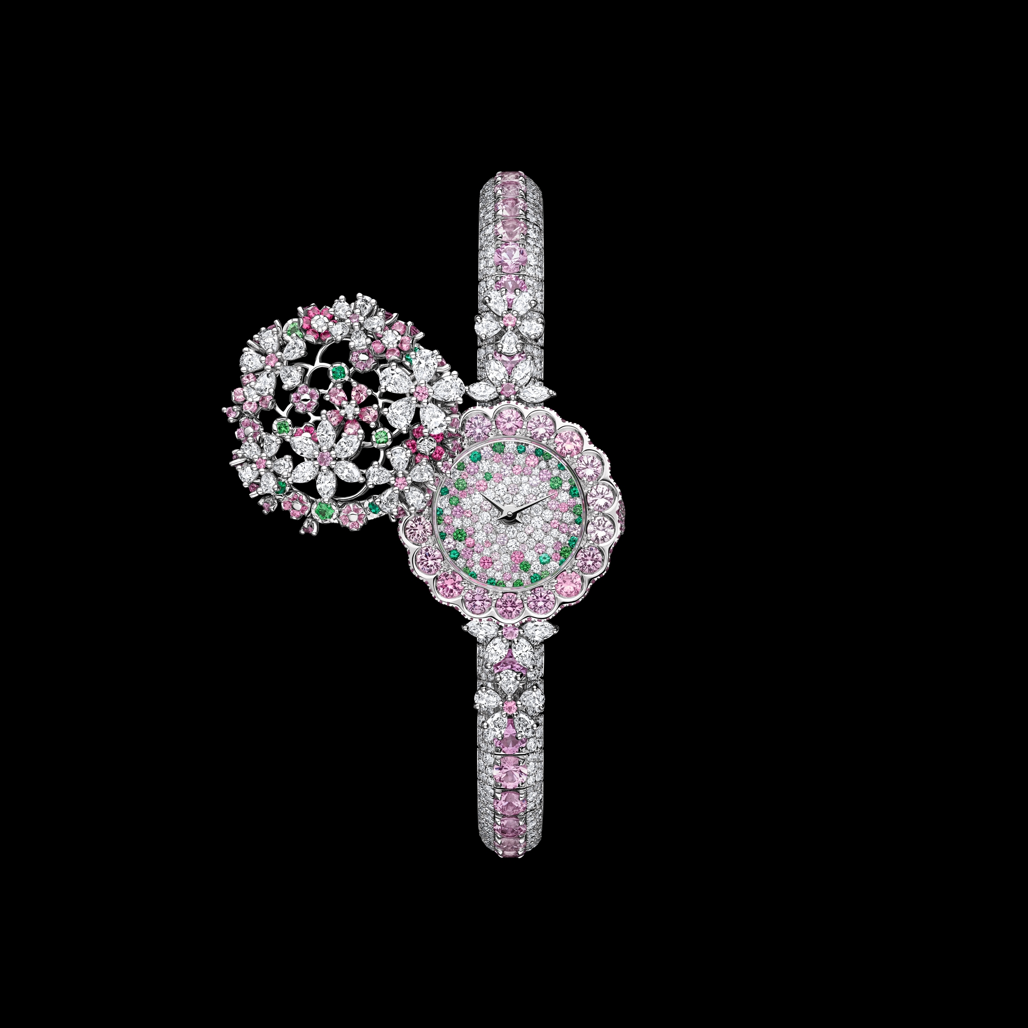 La D de Dior Précieuse à Secret Les Jardins de la Couture N°2 Ø 21 MM, White Gold, Diamonds, Pink Sapphires, Spinels, Tsavorites and Emeralds E01