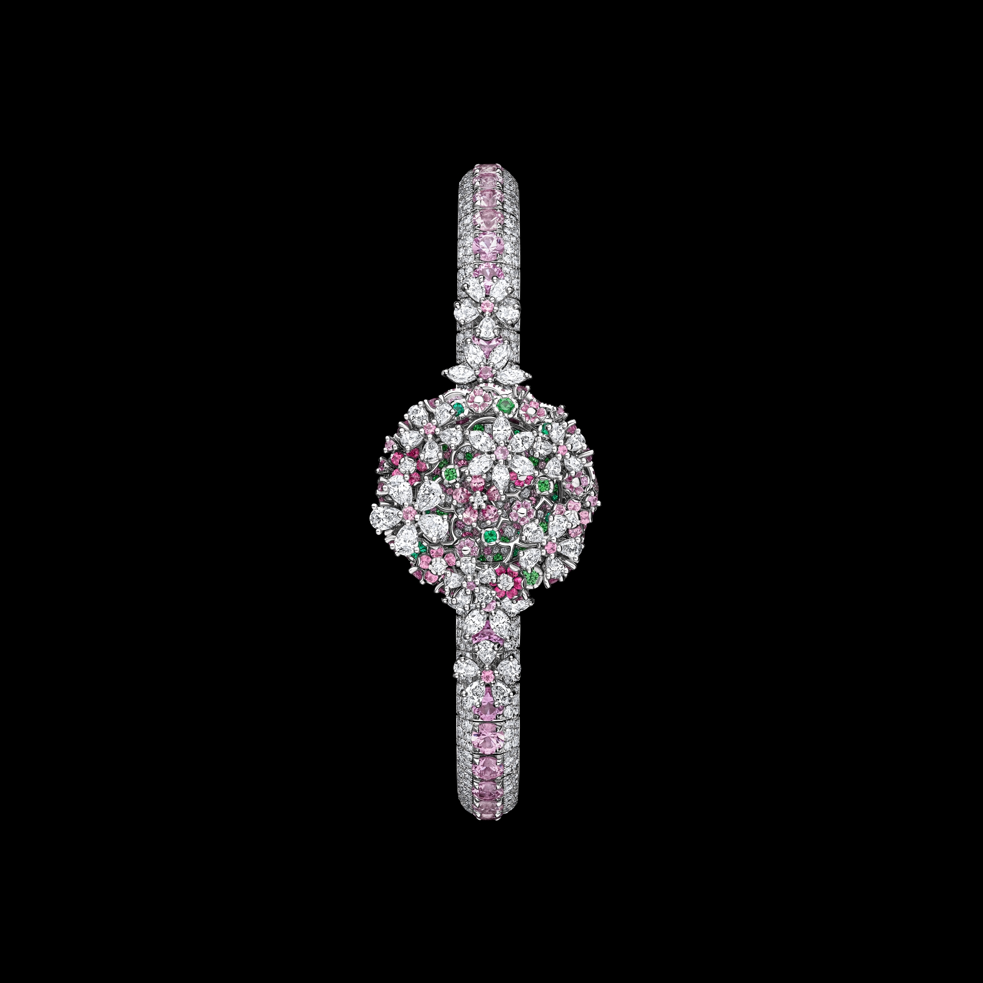 La D de Dior Précieuse à Secret Les Jardins de la Couture N°2 Ø 21 MM, White Gold, Diamonds, Pink Sapphires, Spinels, Tsavorites and Emeralds E03