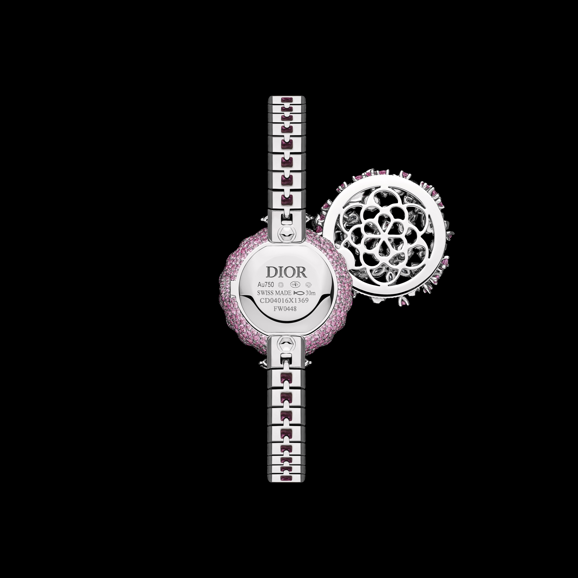 La D de Dior Précieuse à Secret Les Jardins de la Couture N°2 Ø 21 MM, White Gold, Diamonds, Pink Sapphires, Spinels, Tsavorites and Emeralds E04