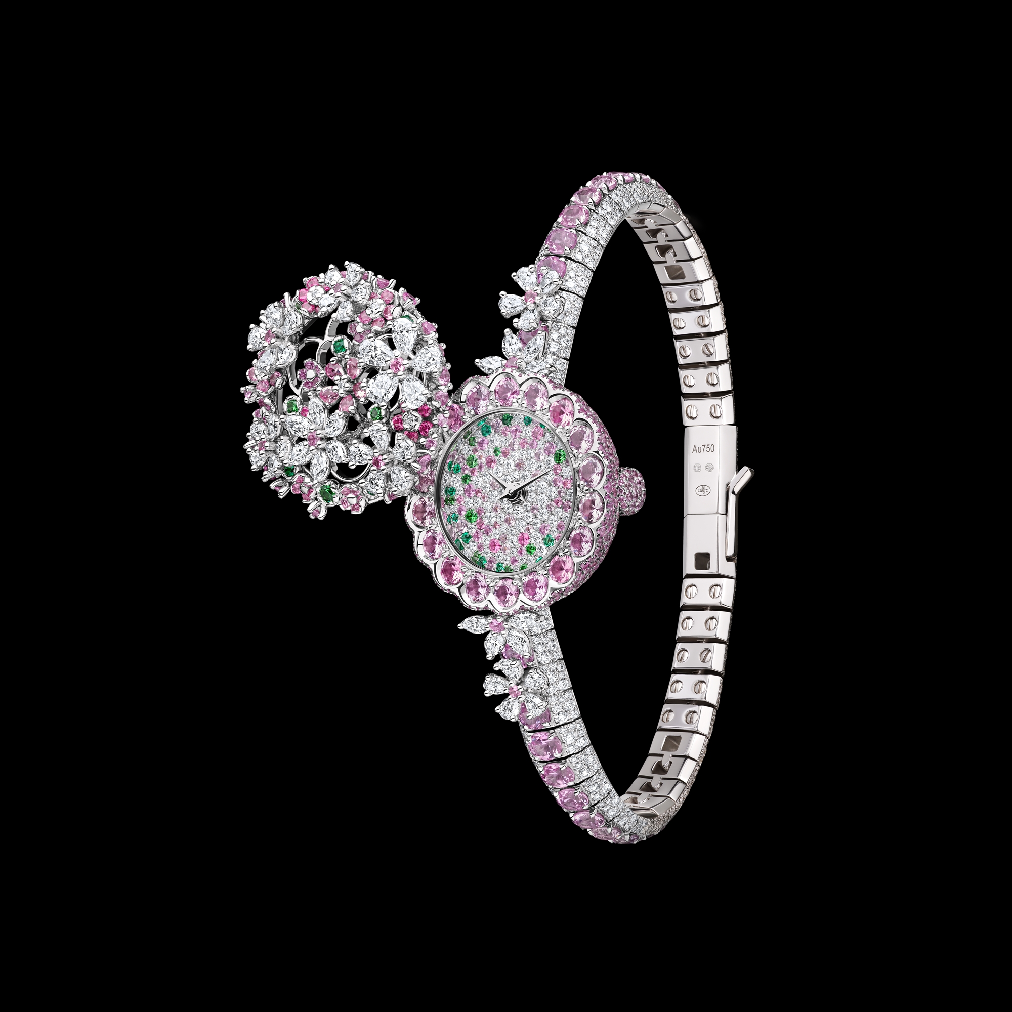 La D de Dior Précieuse à Secret Les Jardins de la Couture N°2 Ø 21 MM, White Gold, Diamonds, Pink Sapphires, Spinels, Tsavorites and Emeralds E05