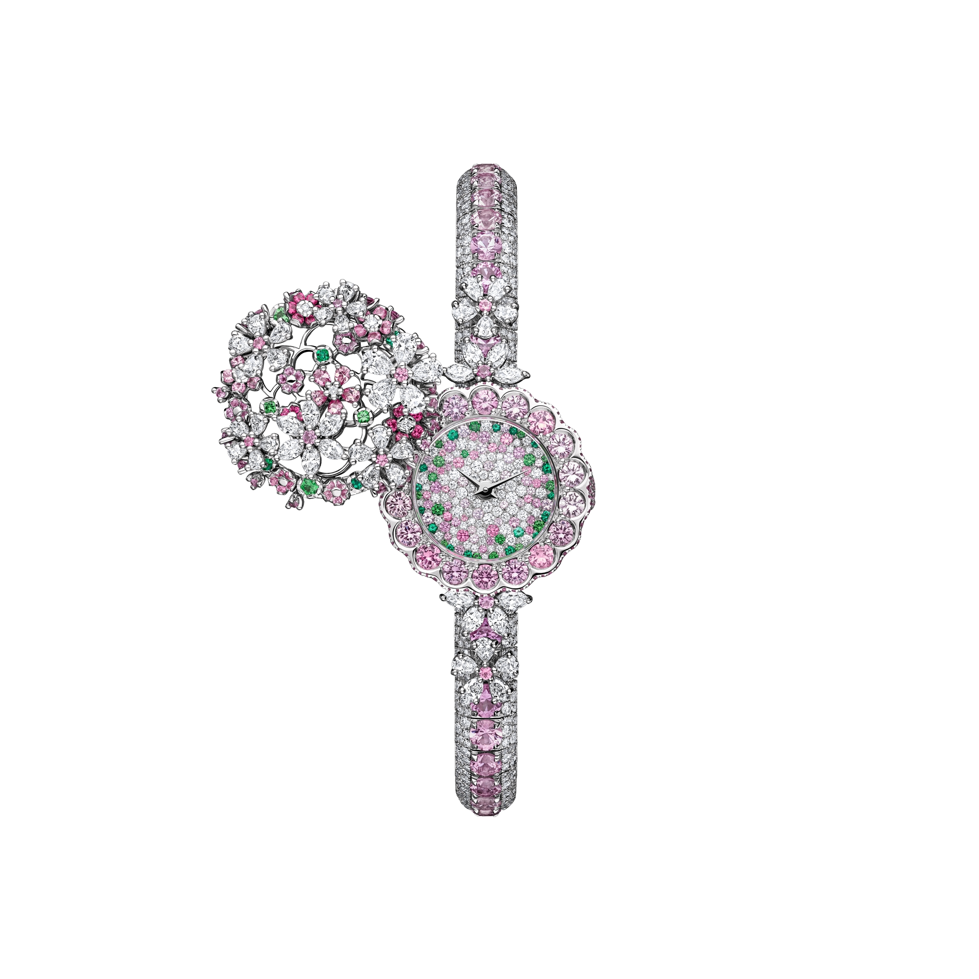 La D de Dior Précieuse à Secret Les Jardins de la Couture N°2 Ø 21 MM, White Gold, Diamonds, Pink Sapphires, Spinels, Tsavorites and Emeralds E07