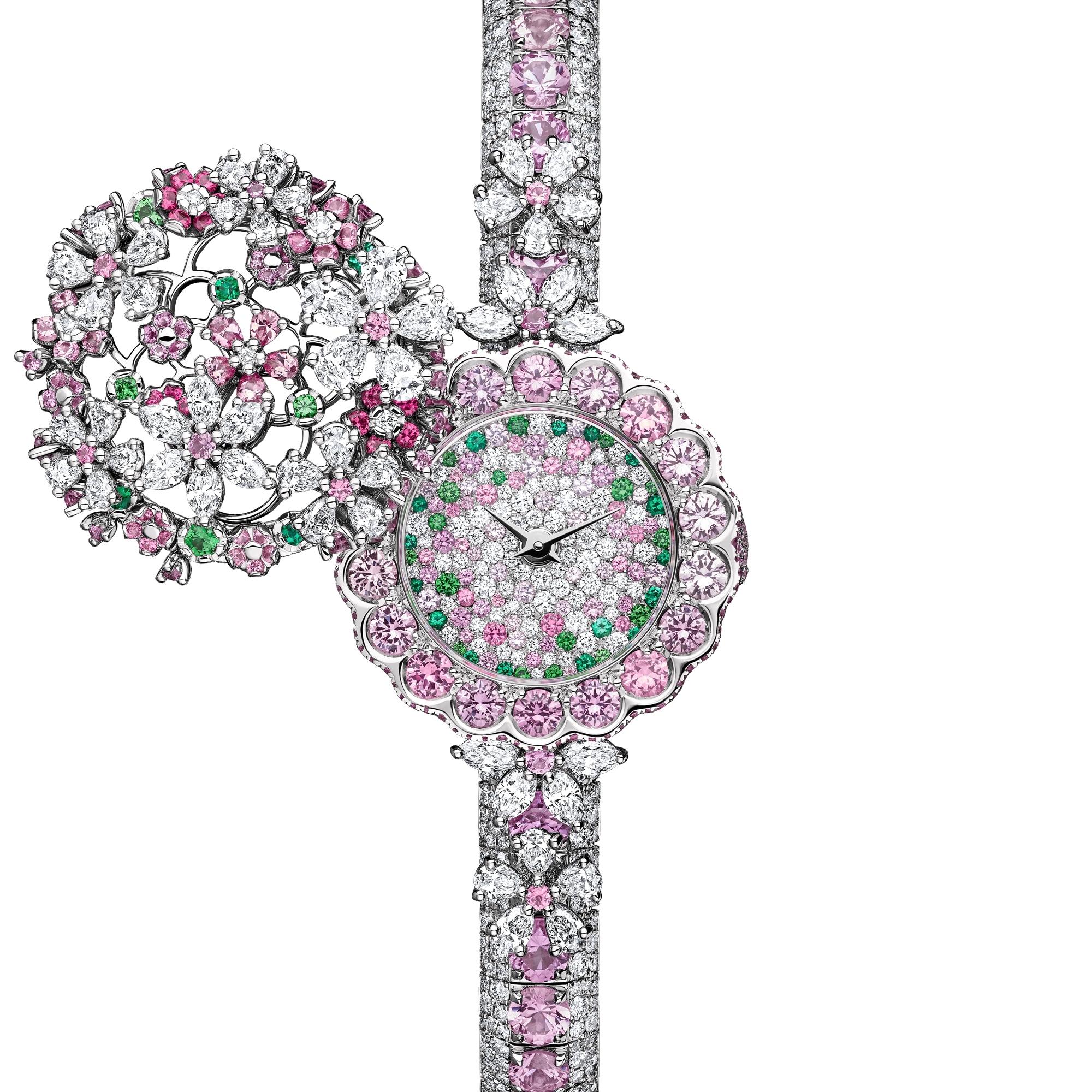 La D de Dior Précieuse à Secret Les Jardins de la Couture N°2 Ø 21 MM, White Gold, Diamonds, Pink Sapphires, Spinels, Tsavorites and Emeralds E08