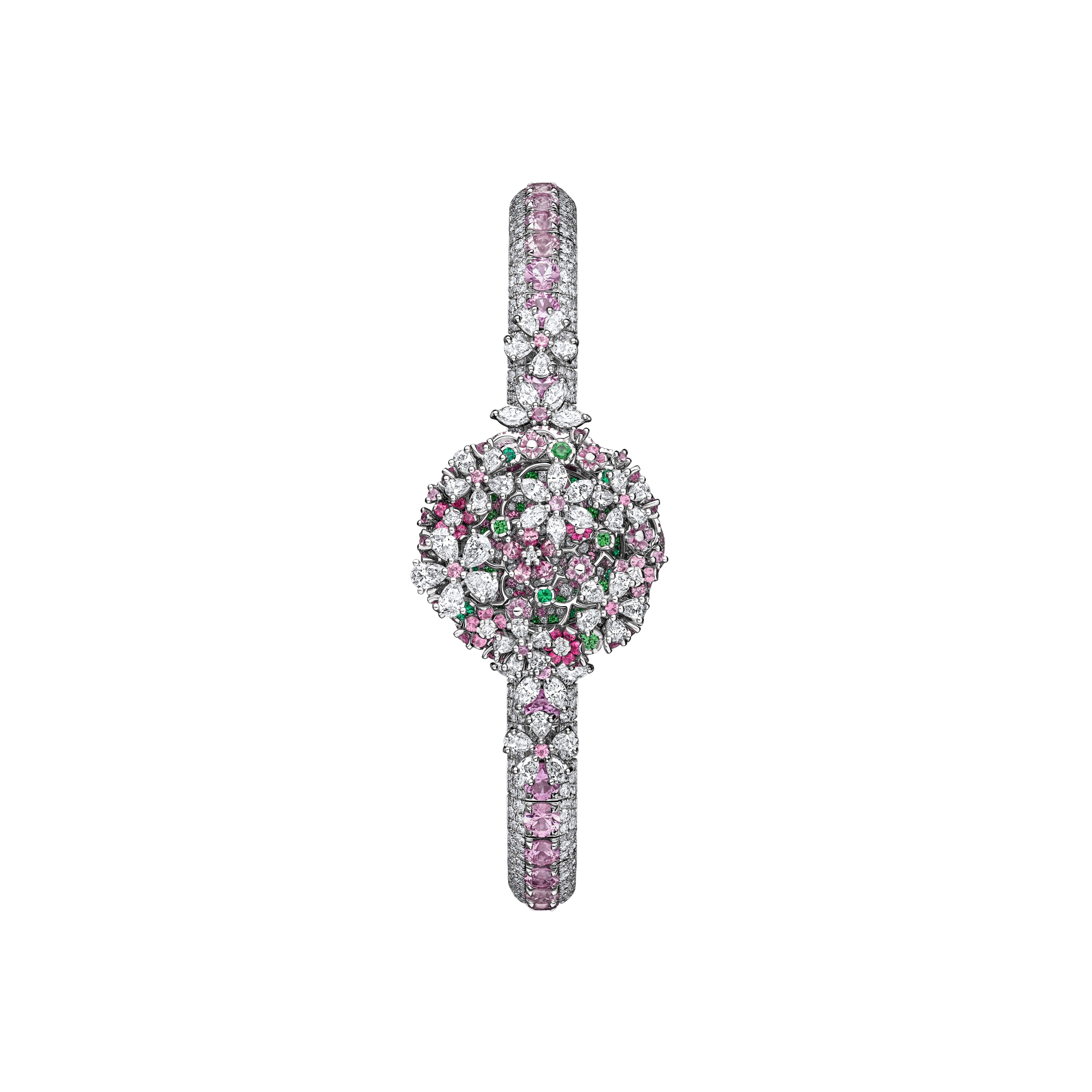 La D de Dior Précieuse à Secret Les Jardins de la Couture N°2 Ø 21 MM, White Gold, Diamonds, Pink Sapphires, Spinels, Tsavorites and Emeralds E09