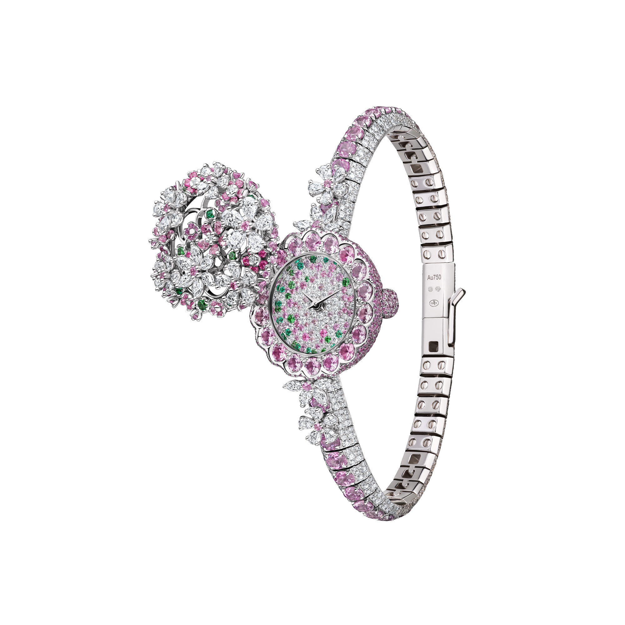 La D de Dior Précieuse à Secret Les Jardins de la Couture N°2 Ø 21 MM, White Gold, Diamonds, Pink Sapphires, Spinels, Tsavorites and Emeralds E10