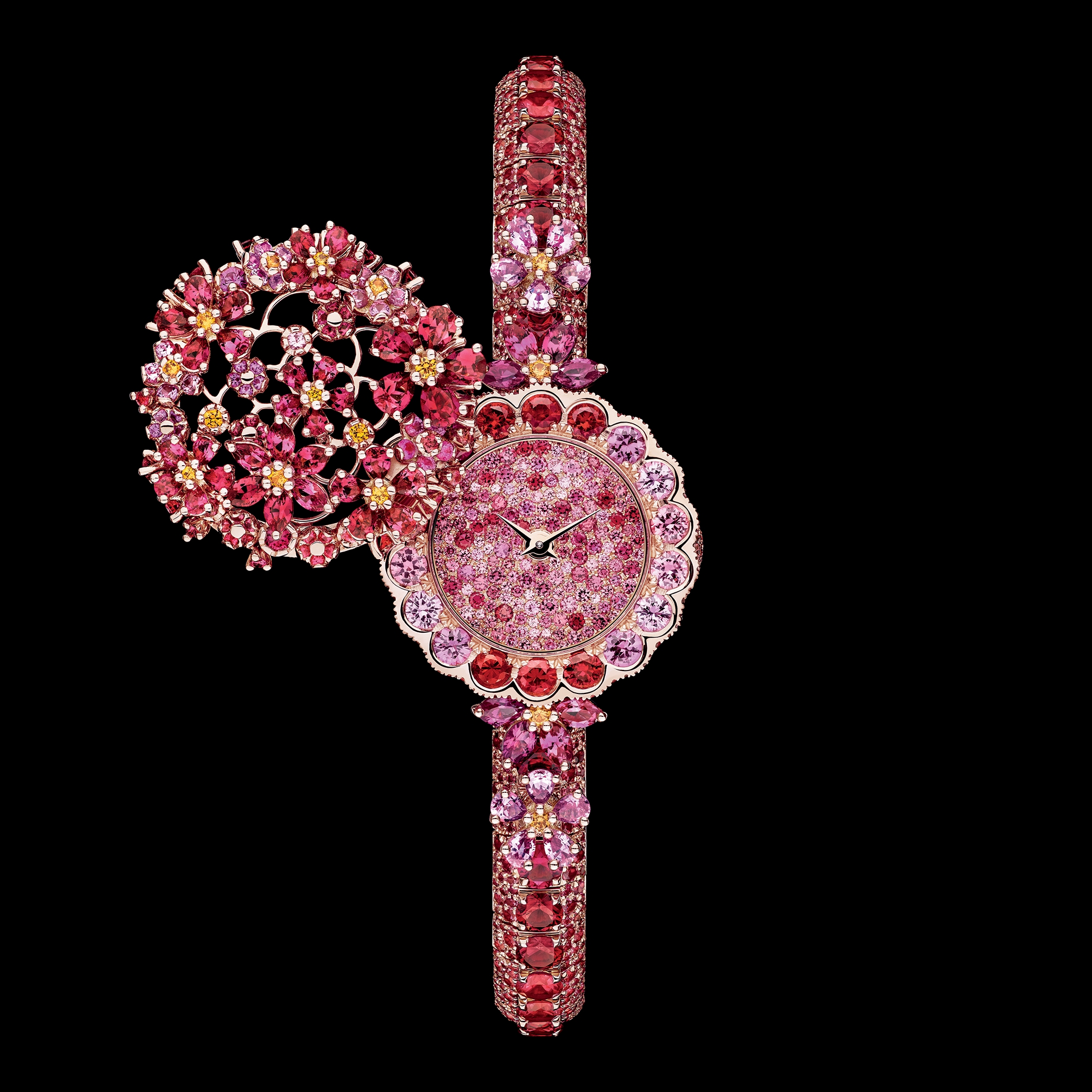 La D de Dior Précieuse à Secret Les Jardins de la Couture N°3 Ø 21 mm, Roségold, Spinelle, Saphire in Rosa, Rubine und Spessartine E01