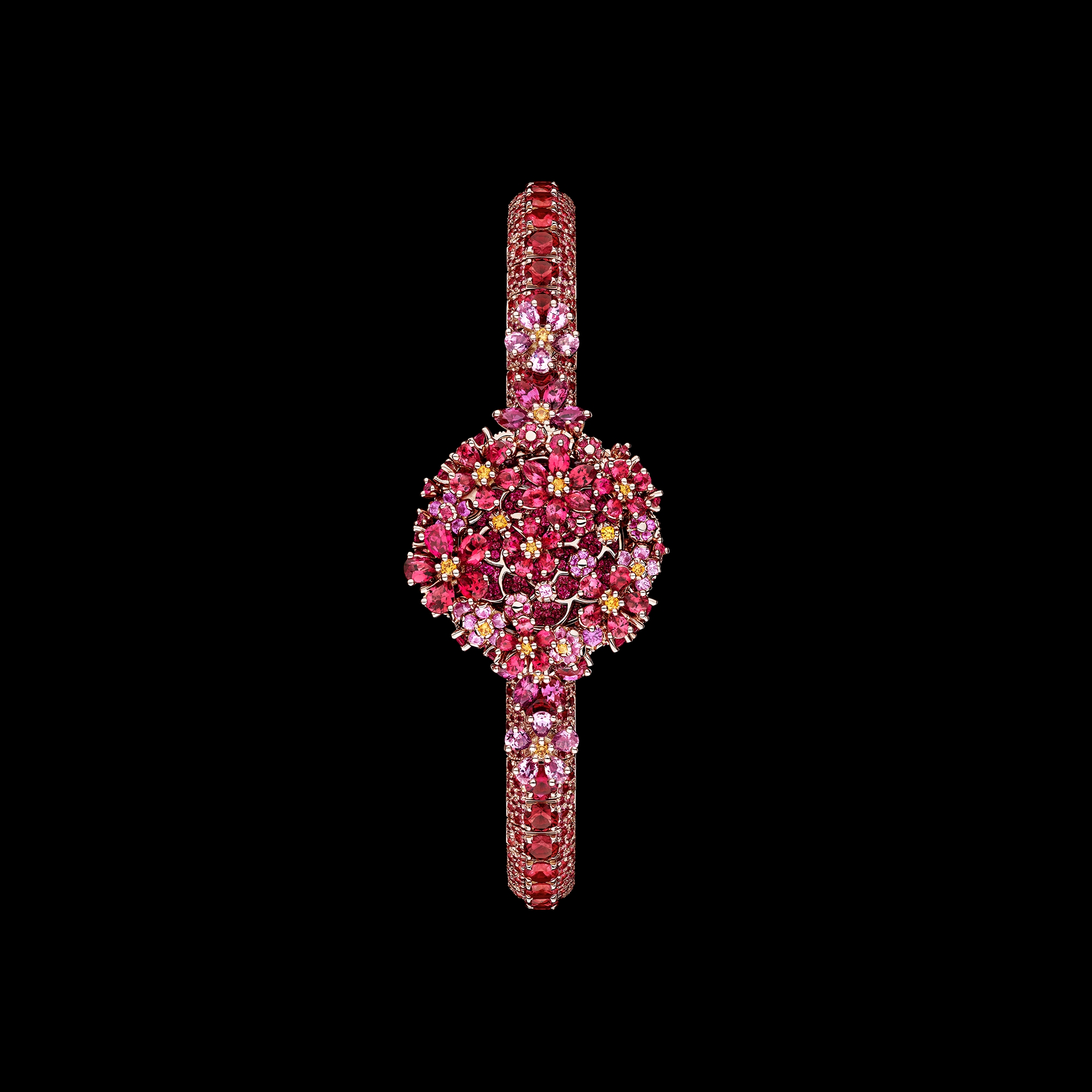 La D de Dior Précieuse à Secret Les Jardins de la Couture N°3 Ø 21 mm, Roségold, Spinelle, Saphire in Rosa, Rubine und Spessartine E03