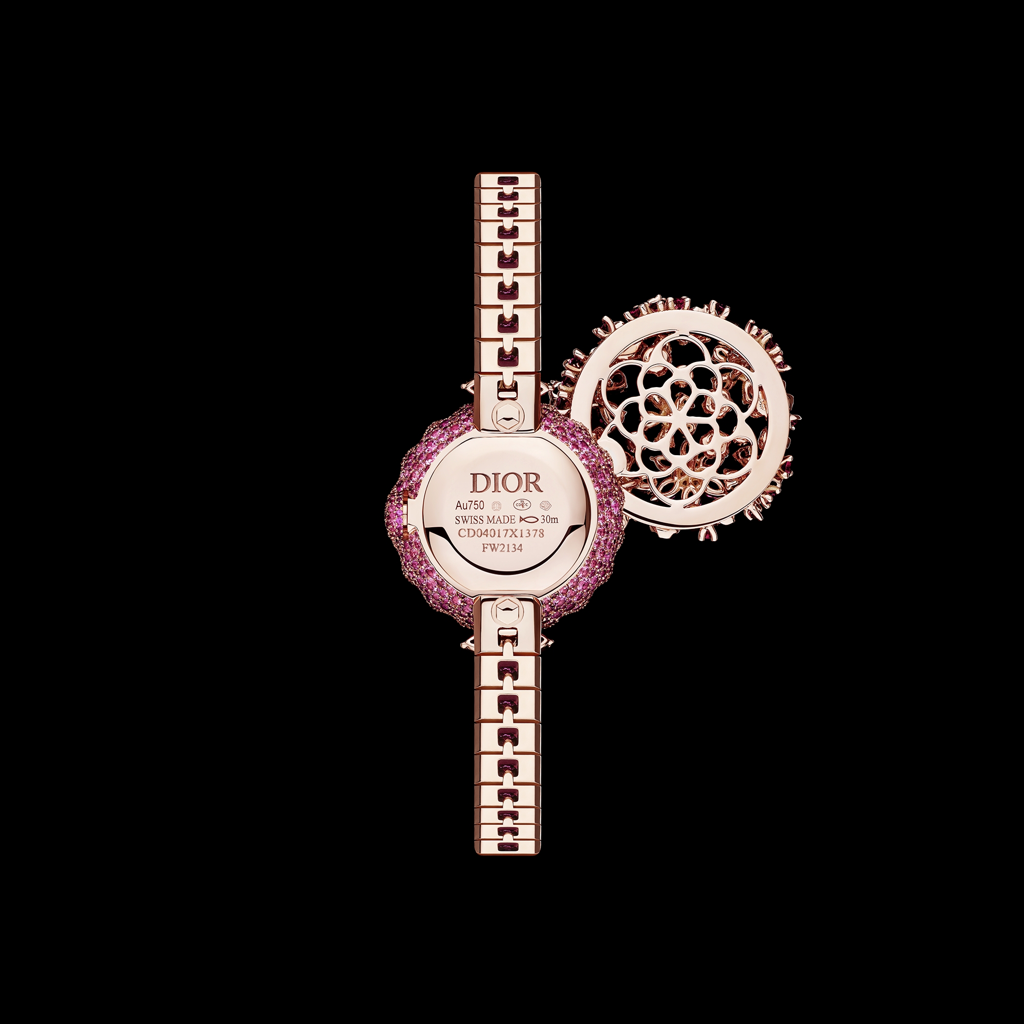 La D de Dior Précieuse à Secret Les Jardins de la Couture N°3 Ø 21 mm, Roségold, Spinelle, Saphire in Rosa, Rubine und Spessartine E04