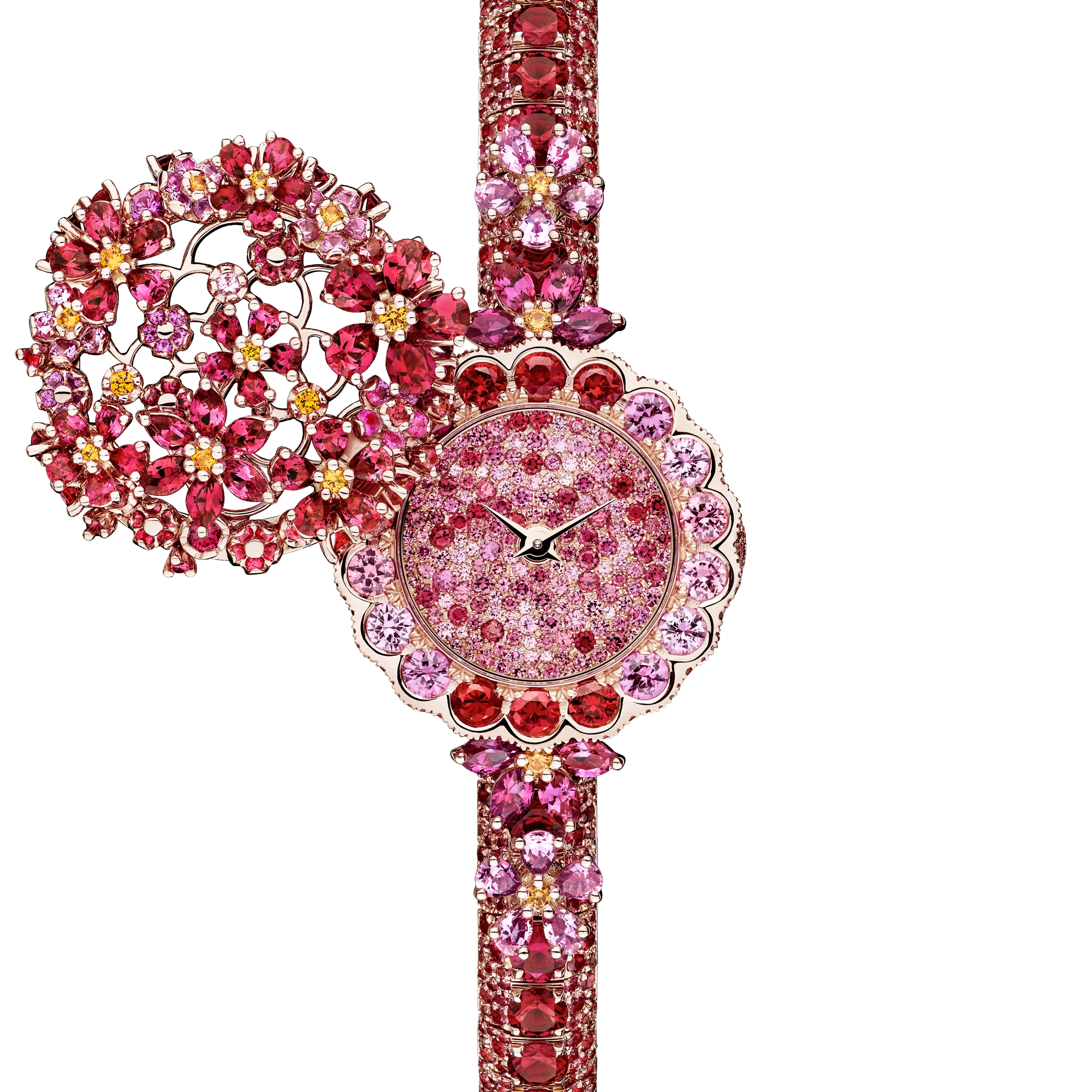 La D de Dior Précieuse à Secret Les Jardins de la Couture N°3 Ø 21 mm, Roségold, Spinelle, Saphire in Rosa, Rubine und Spessartine E08