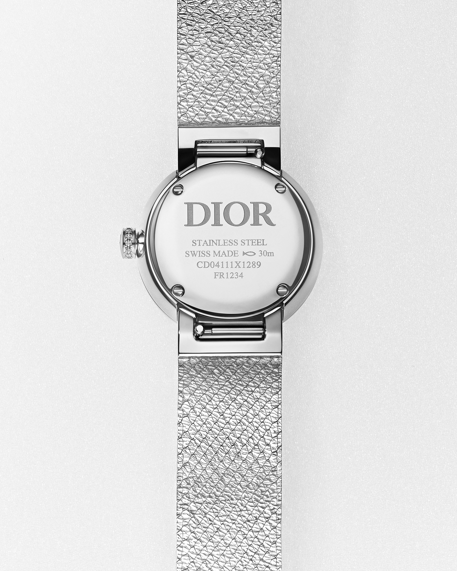 La D de Dior Satine Ø 25 MM, Steel, White Mother-Of-Pearl and Diamonds E04
