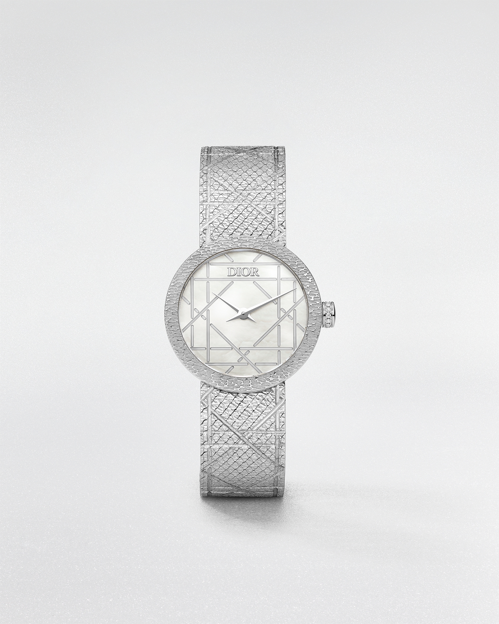 La D My Dior 直徑 25 公釐，精鋼和珍珠母貝 E01