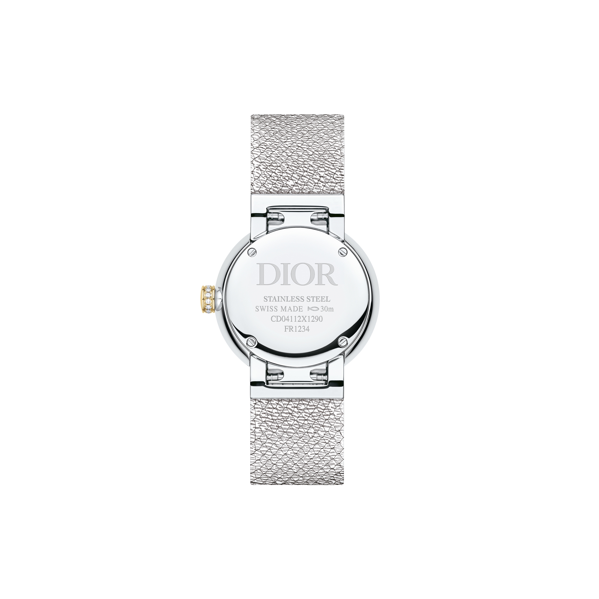 La D de Dior Satine قطر 25 مم، فولاذ وذهب أصفر وعرق اللؤلؤ الأبيض وألماس E07