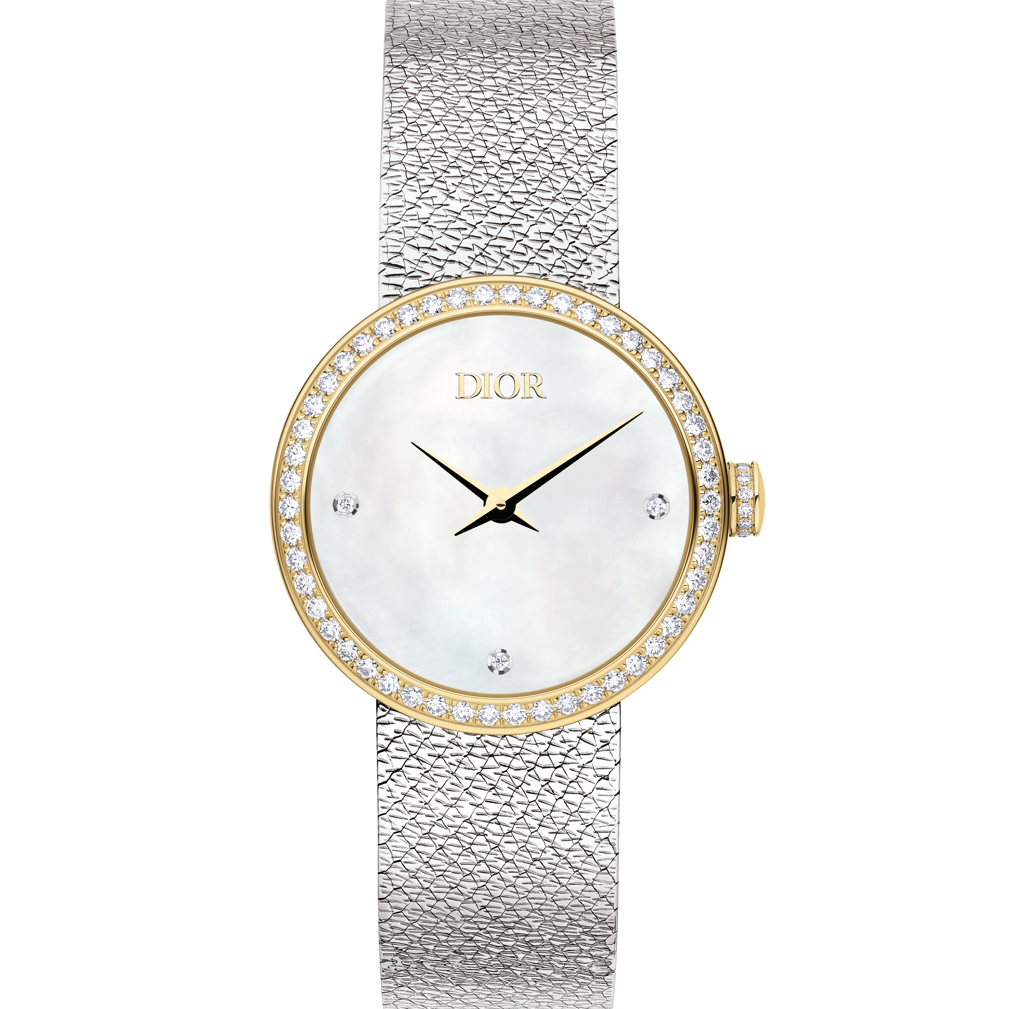La D de Dior Satine Ø 25 MM, Steel, Yellow Gold, White Mother-Of-Pearl and Diamonds E06