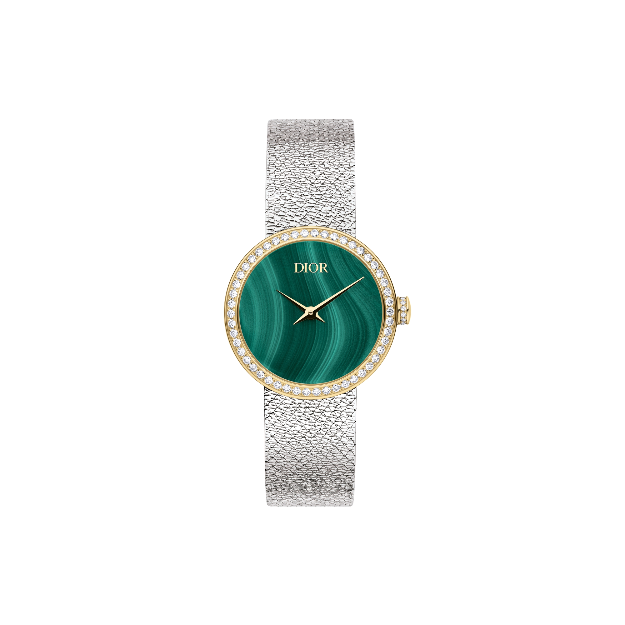 La D de Dior Satine Ø 25 mm, Steel, Yellow Gold, Malachite and Diamonds E01
