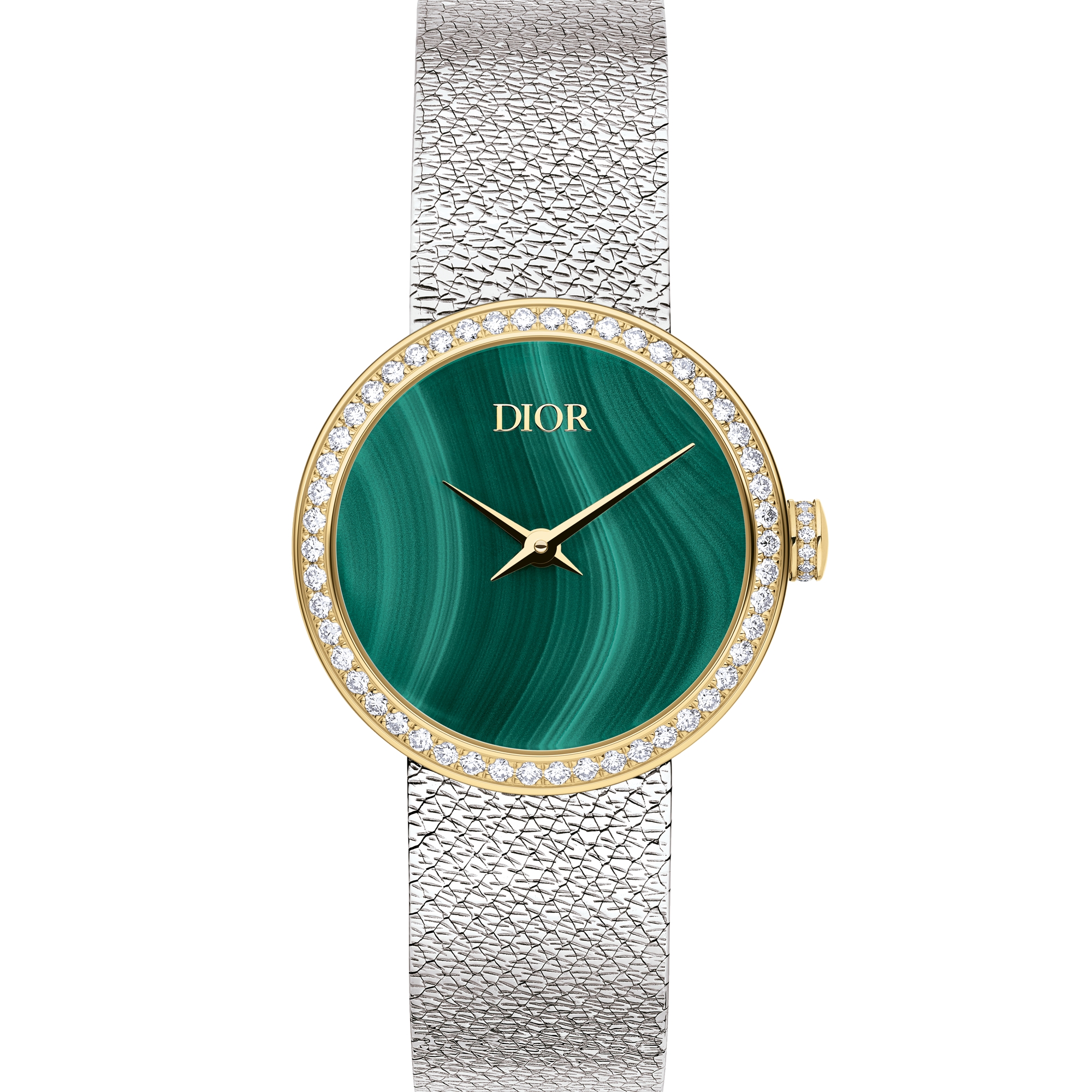 La D de Dior Satine Ø 25 mm, Steel, Yellow Gold, Malachite and Diamonds E06