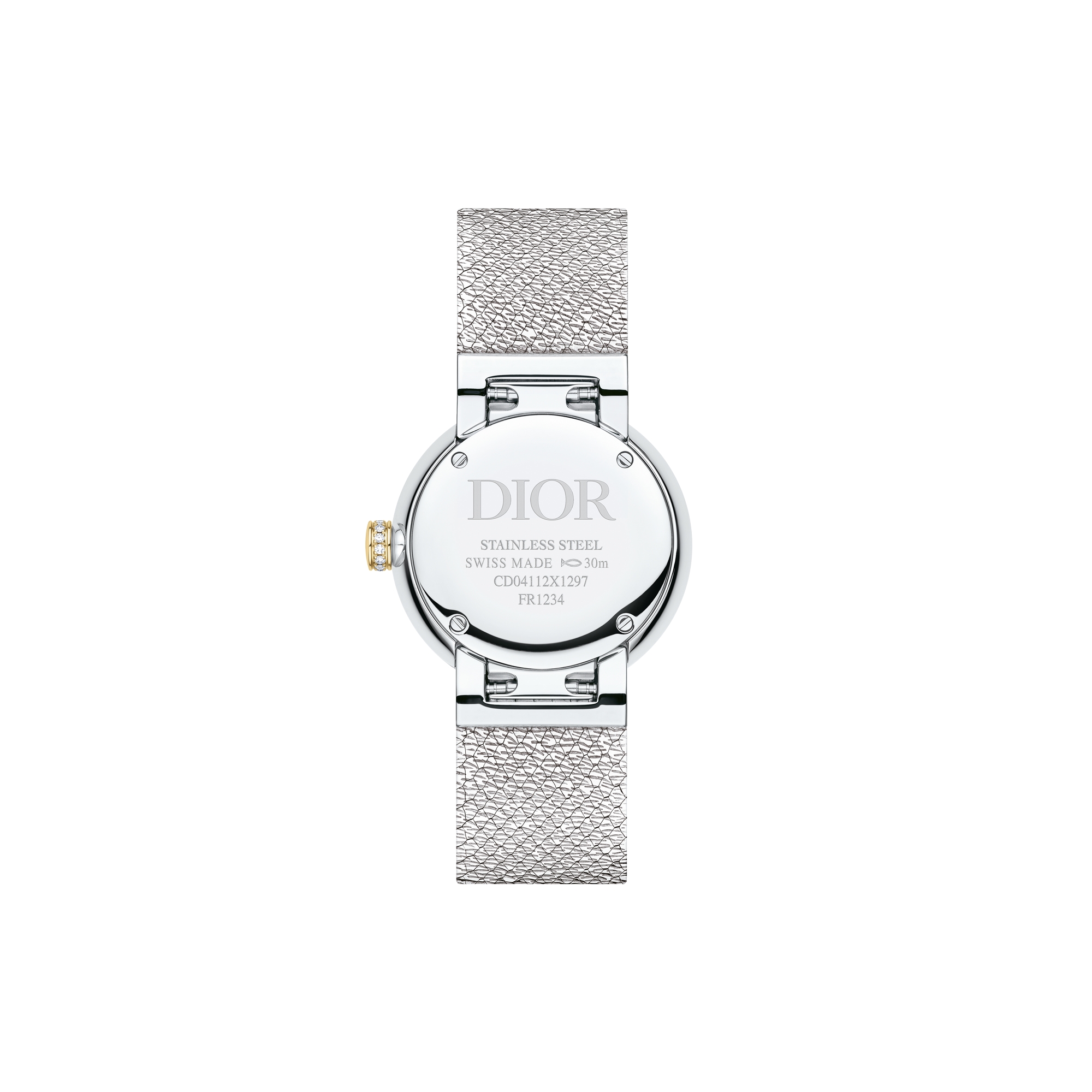 La D de Dior Satine Ø 25 mm, Steel, Yellow Gold, Malachite and Diamonds E07