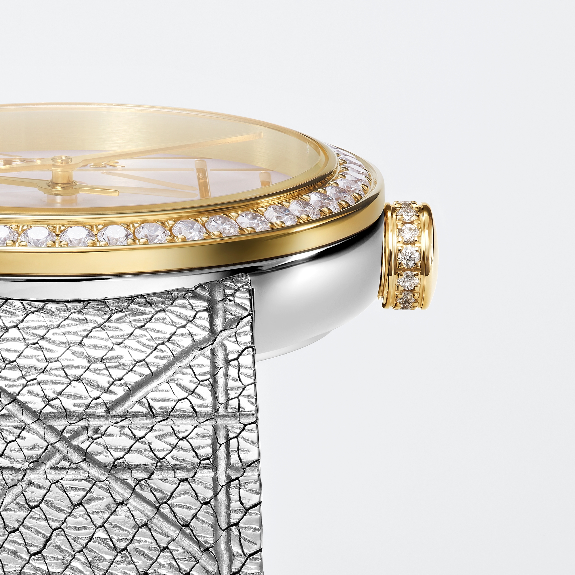 La D My Dior Ø25mm, 스틸 & 옐로우골드, 화이트 자개 & 다이아몬드 E02