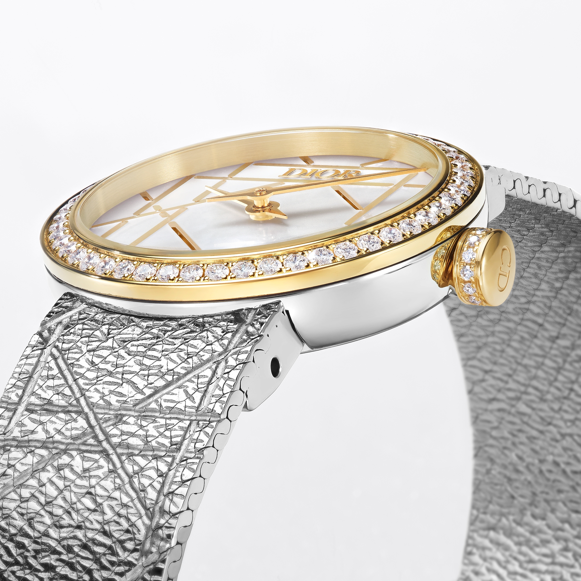 La D My Dior Ø25mm, 스틸 & 옐로우골드, 화이트 자개 & 다이아몬드 E03