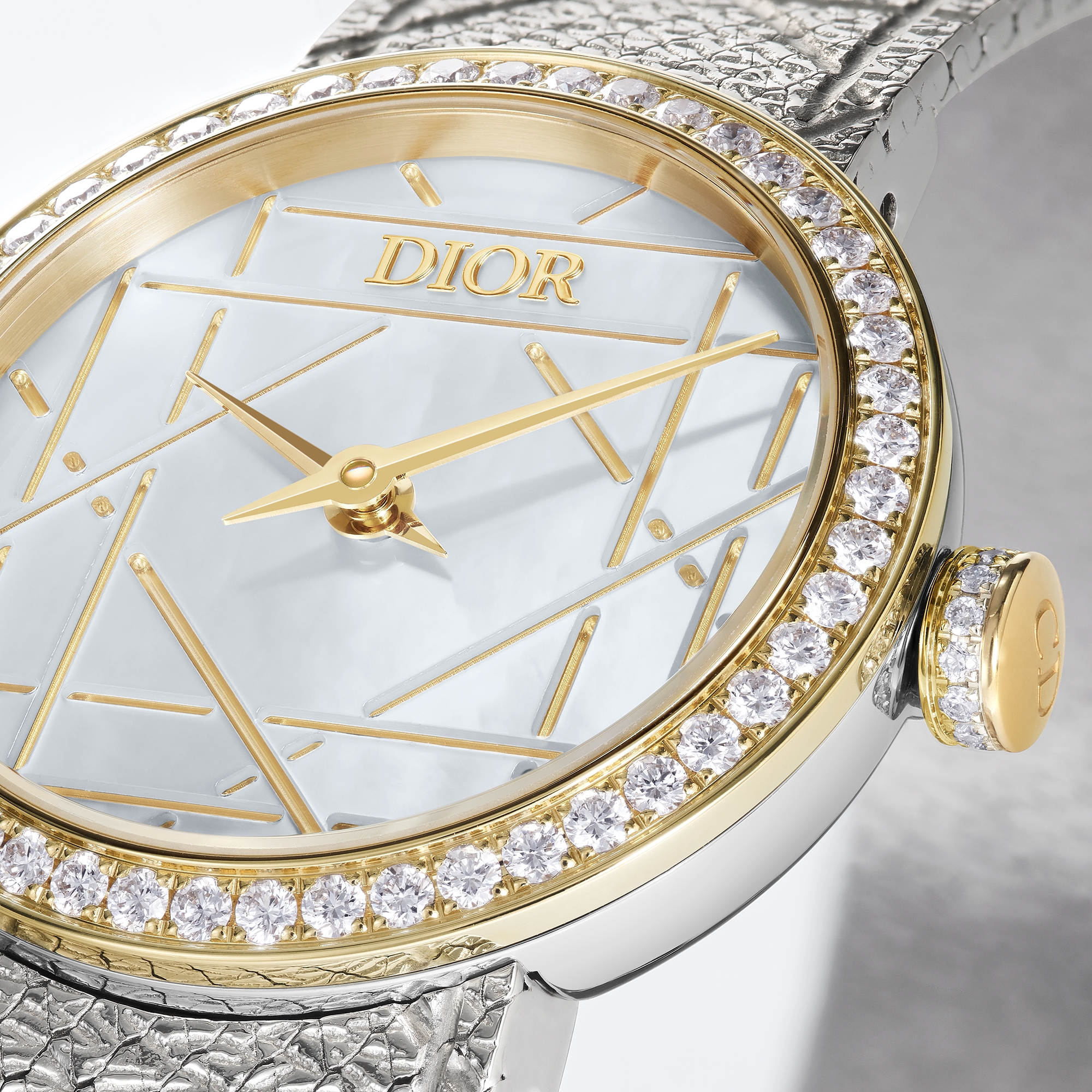 La D My Dior Ø25mm, 스틸 & 옐로우골드, 화이트 자개 & 다이아몬드 E04