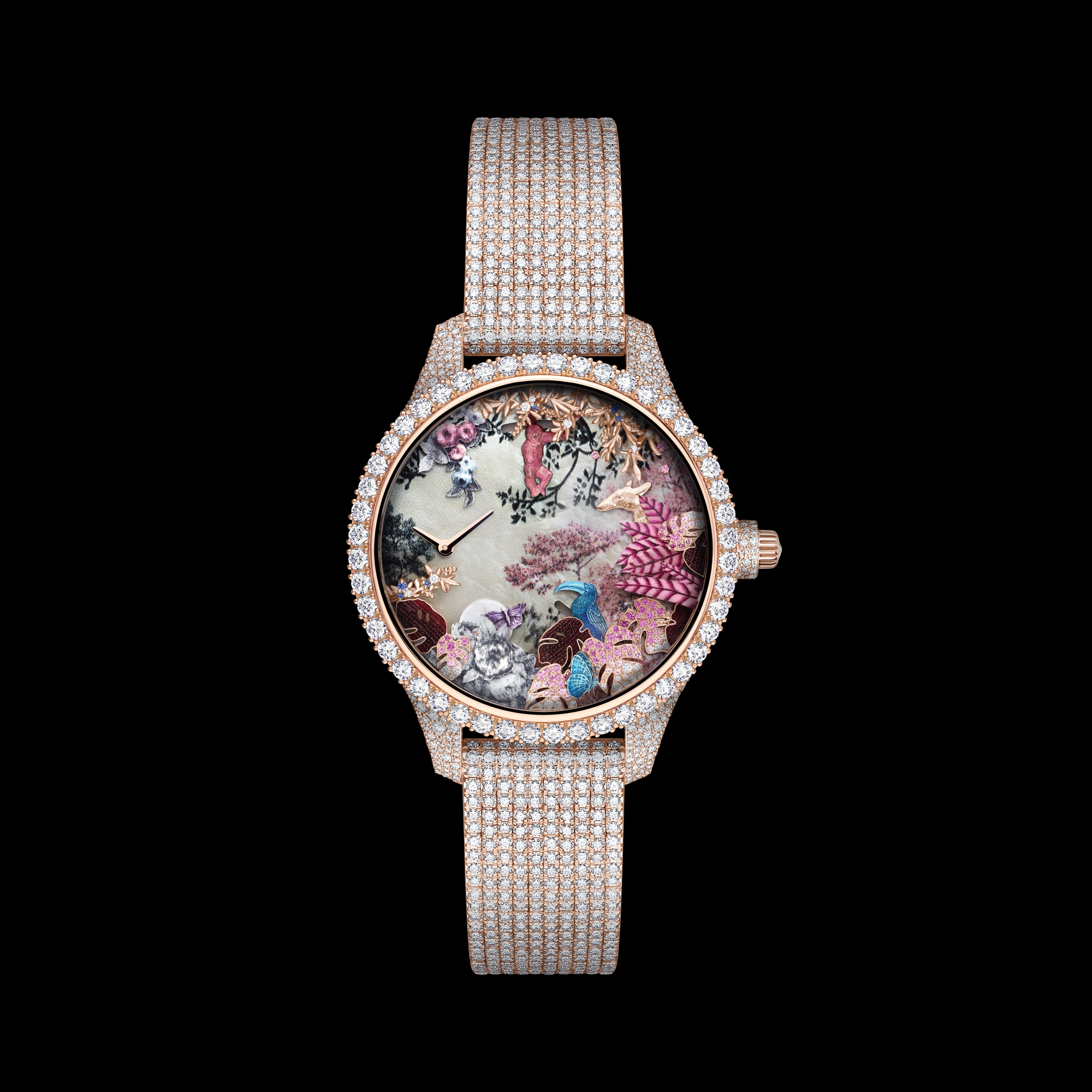 Dior Grand Soir Automate Jardin Rêvé N°6 Ø 38 MM, Pink Gold, Diamonds, Pink Sapphires, Blue Sapphires, Mother of Pearl, Feathers and Scarab E01