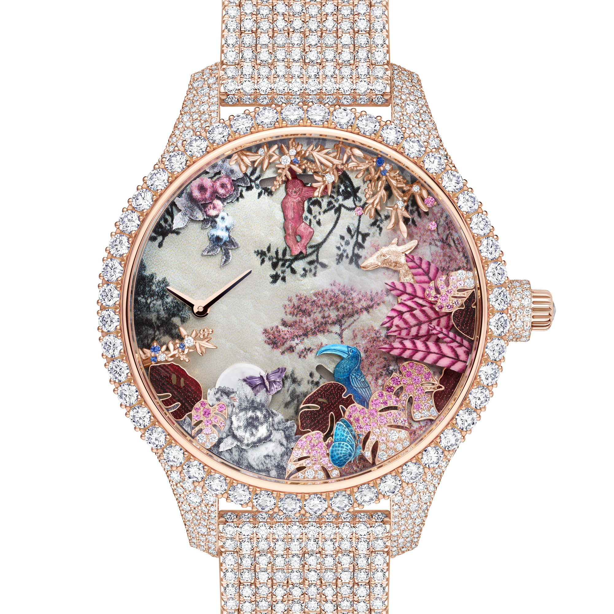 Dior Grand Soir Automate Jardin Rêvé N°6 Ø 38 MM, Pink Gold, Diamonds, Pink Sapphires, Blue Sapphires, Mother of Pearl, Feathers and Scarab E06