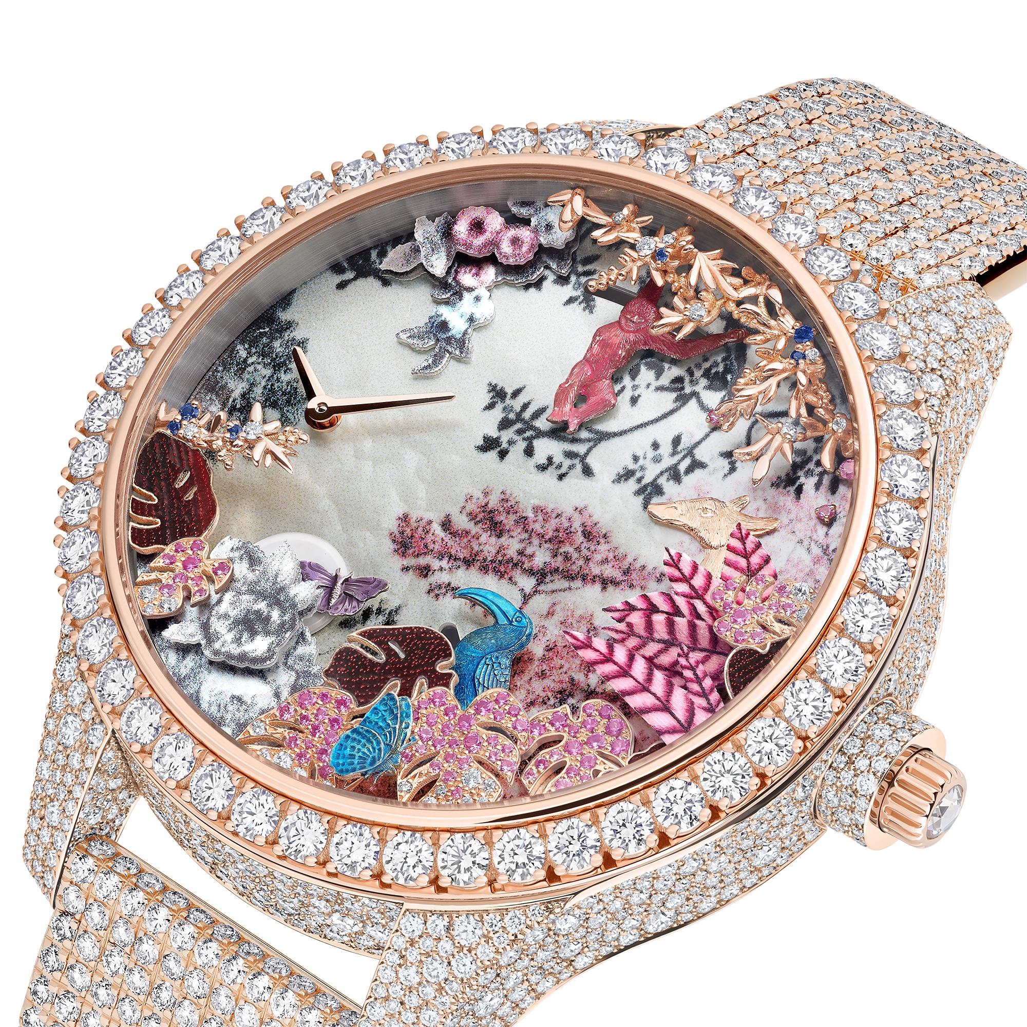 Dior Grand Soir Automate Jardin Rêvé N°6 Ø 38 MM, Pink Gold, Diamonds, Pink Sapphires, Blue Sapphires, Mother of Pearl, Feathers and Scarab E13