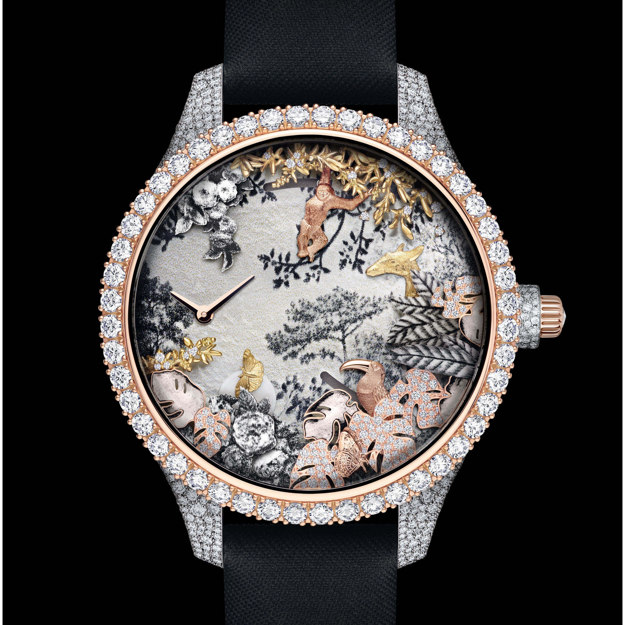 Dior Grand Soir Automate Jardin Rêvé N°1 Ø 38 MM, White Gold, Pink Gold, Yellow Gold, Diamonds, Mother of Pearl, Feathers and Scarab E05