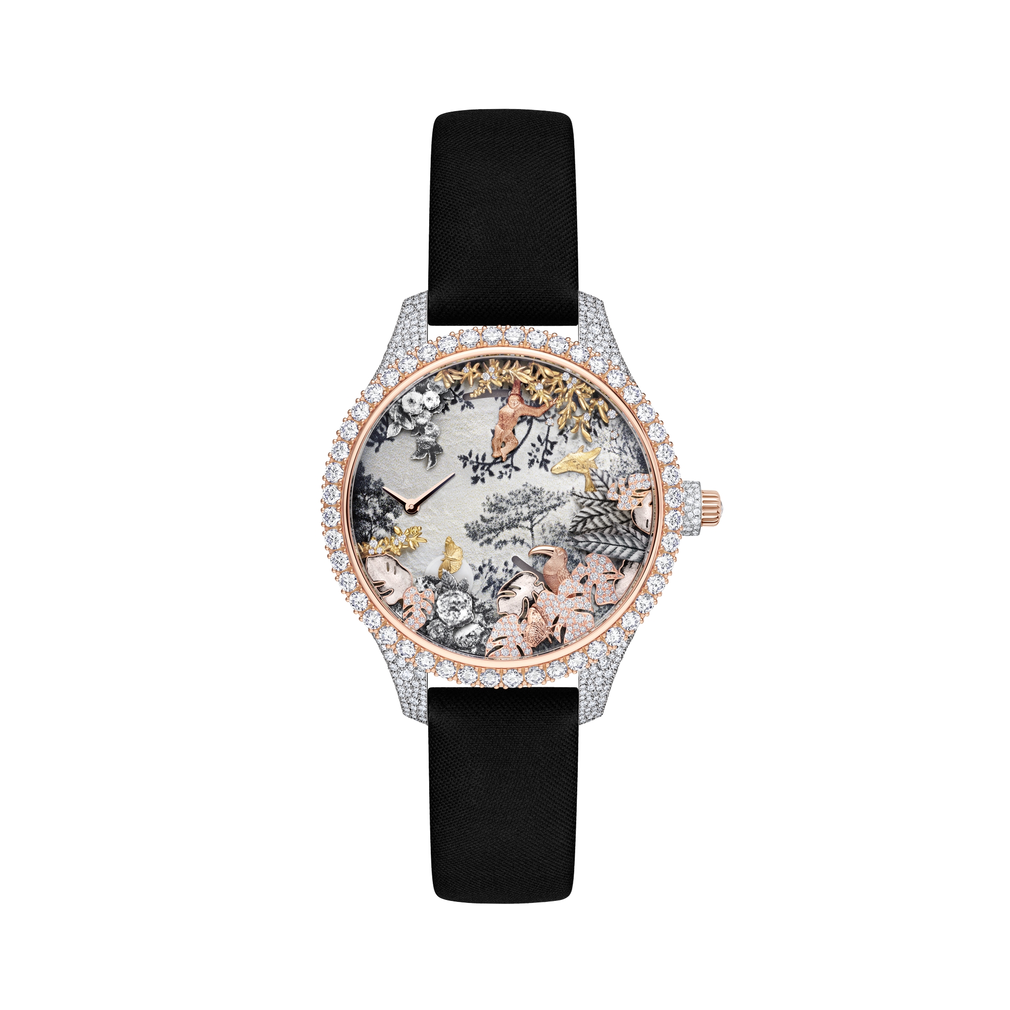 Dior Grand Soir Automate Jardin Rêvé N°1 Ø 38 MM, White Gold, Pink Gold, Yellow Gold, Diamonds, Mother of Pearl, Feathers and Scarab E10