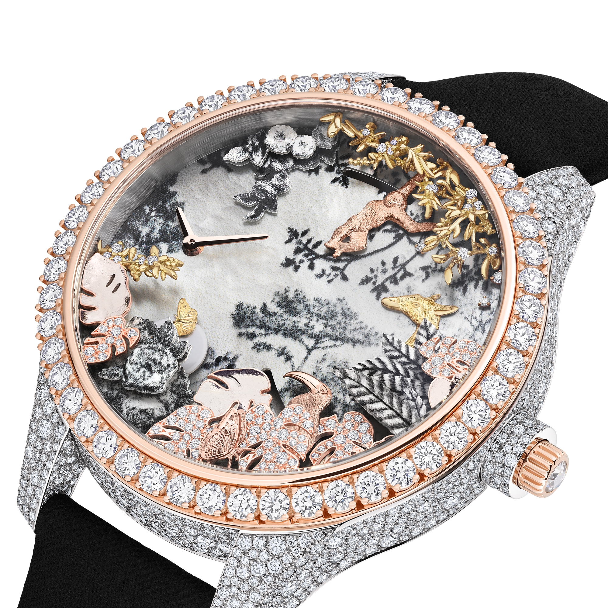 Dior Grand Soir Automate Jardin Rêvé N°1 Ø 38 MM, White Gold, Pink Gold, Yellow Gold, Diamonds, Mother of Pearl, Feathers and Scarab E11