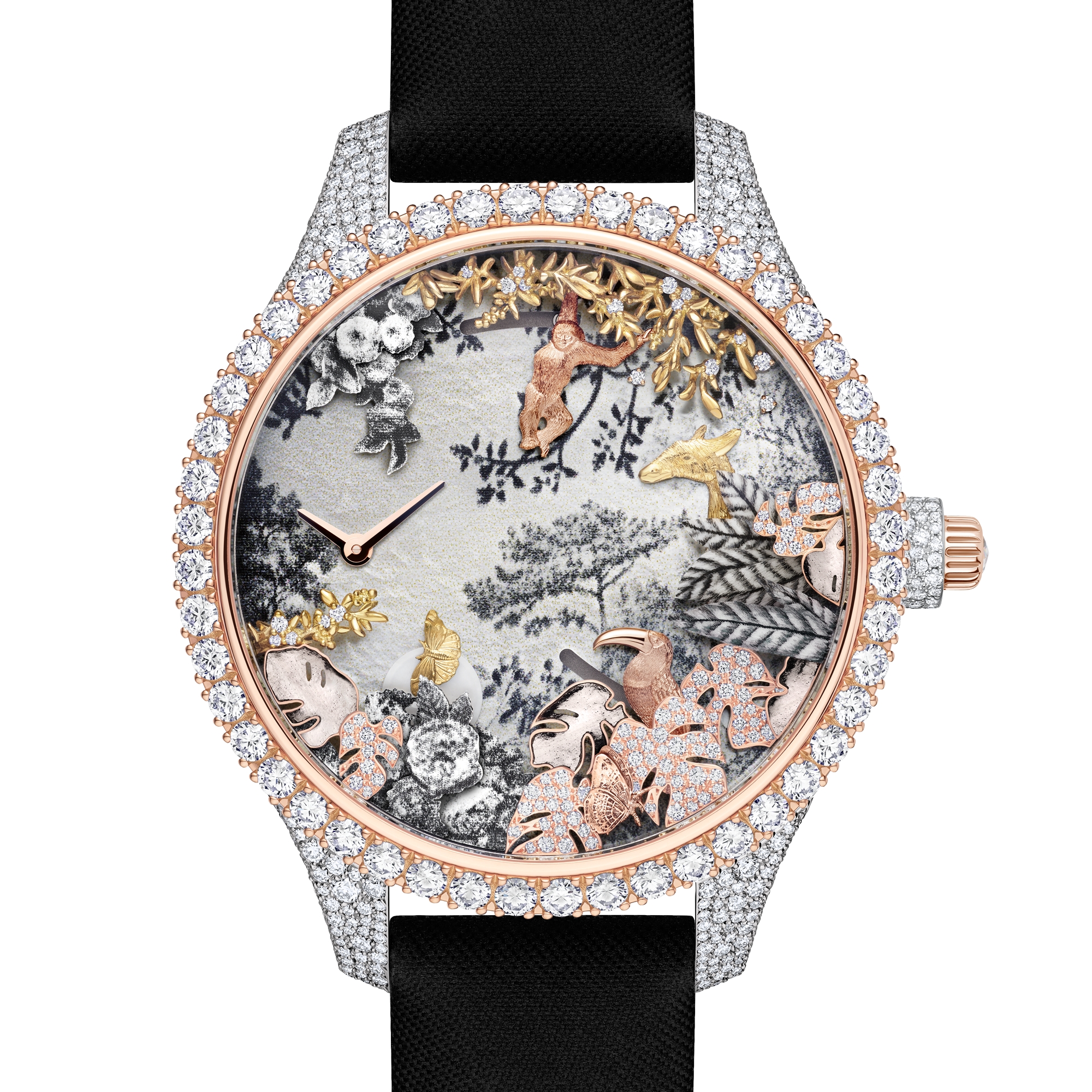 Dior Grand Soir Automate Jardin Rêvé N°1 Ø 38 MM, White Gold, Pink Gold, Yellow Gold, Diamonds, Mother of Pearl, Feathers and Scarab E12