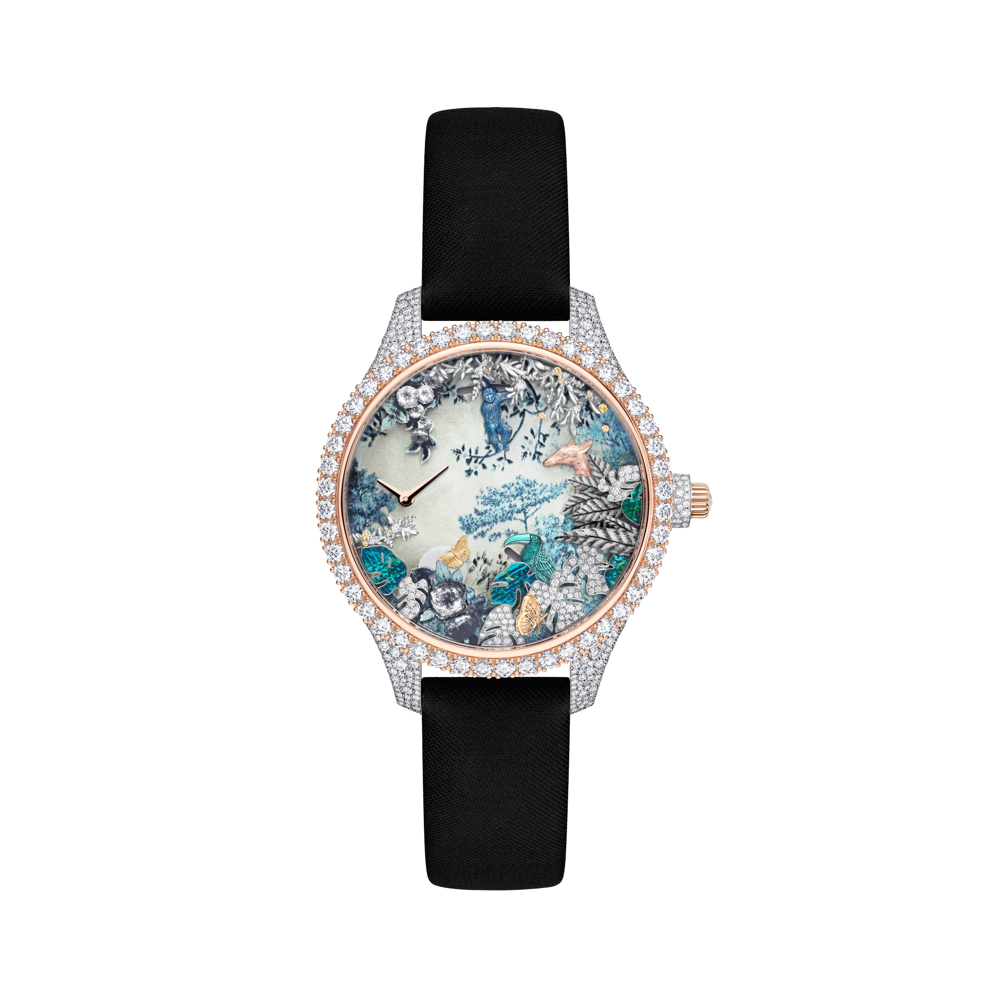 Dior Grand Soir Automate Jardin Rêvé N°2 Ø 38 mm, White Gold, Pink Gold, Yellow Gold, Diamonds, Yellow Sapphires, Mother of Pearl, Feathers and Scarab E01