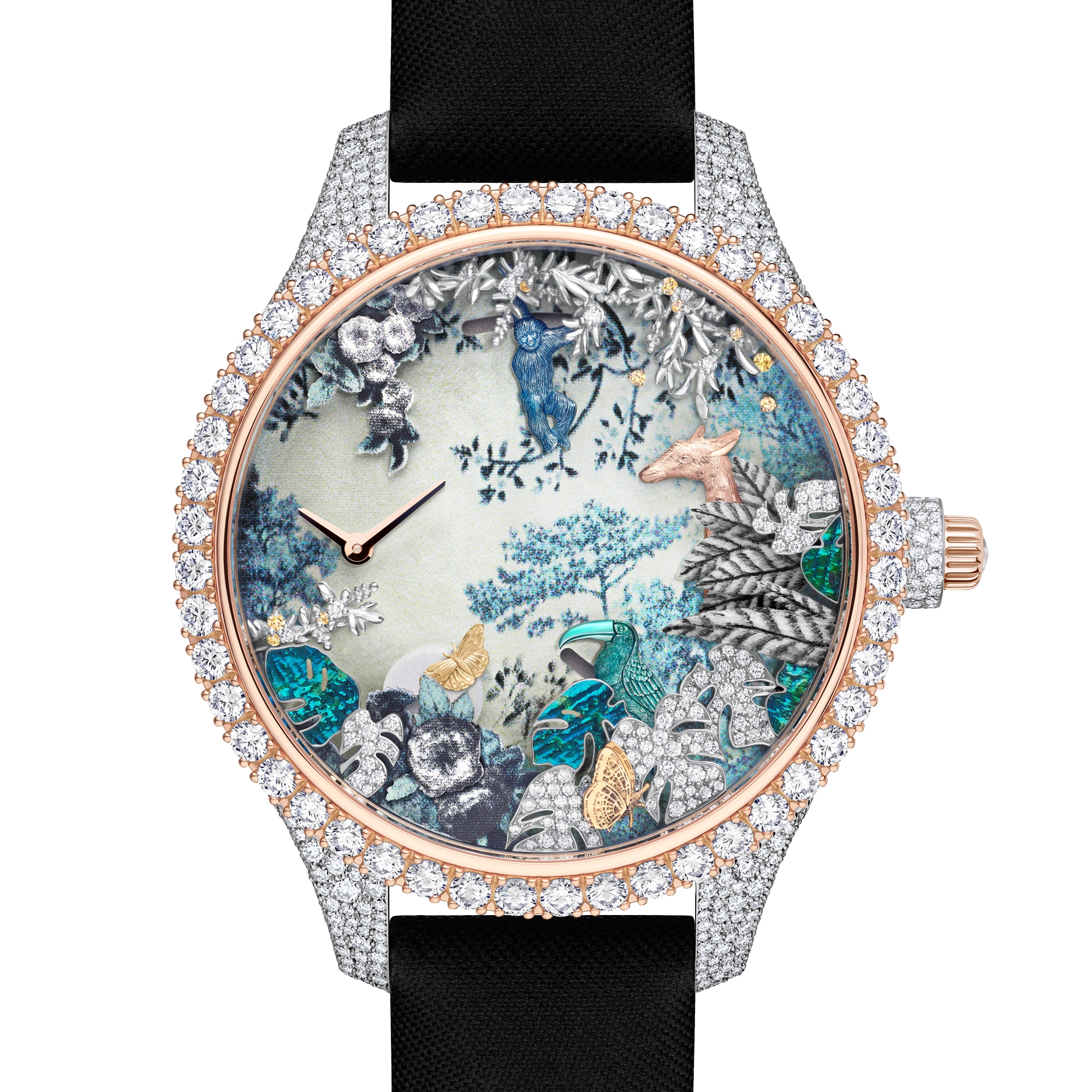 Dior Grand Soir Automate Jardin Rêvé N°2 Ø 38 mm, White Gold, Pink Gold, Yellow Gold, Diamonds, Yellow Sapphires, Mother of Pearl, Feathers and Scarab E06