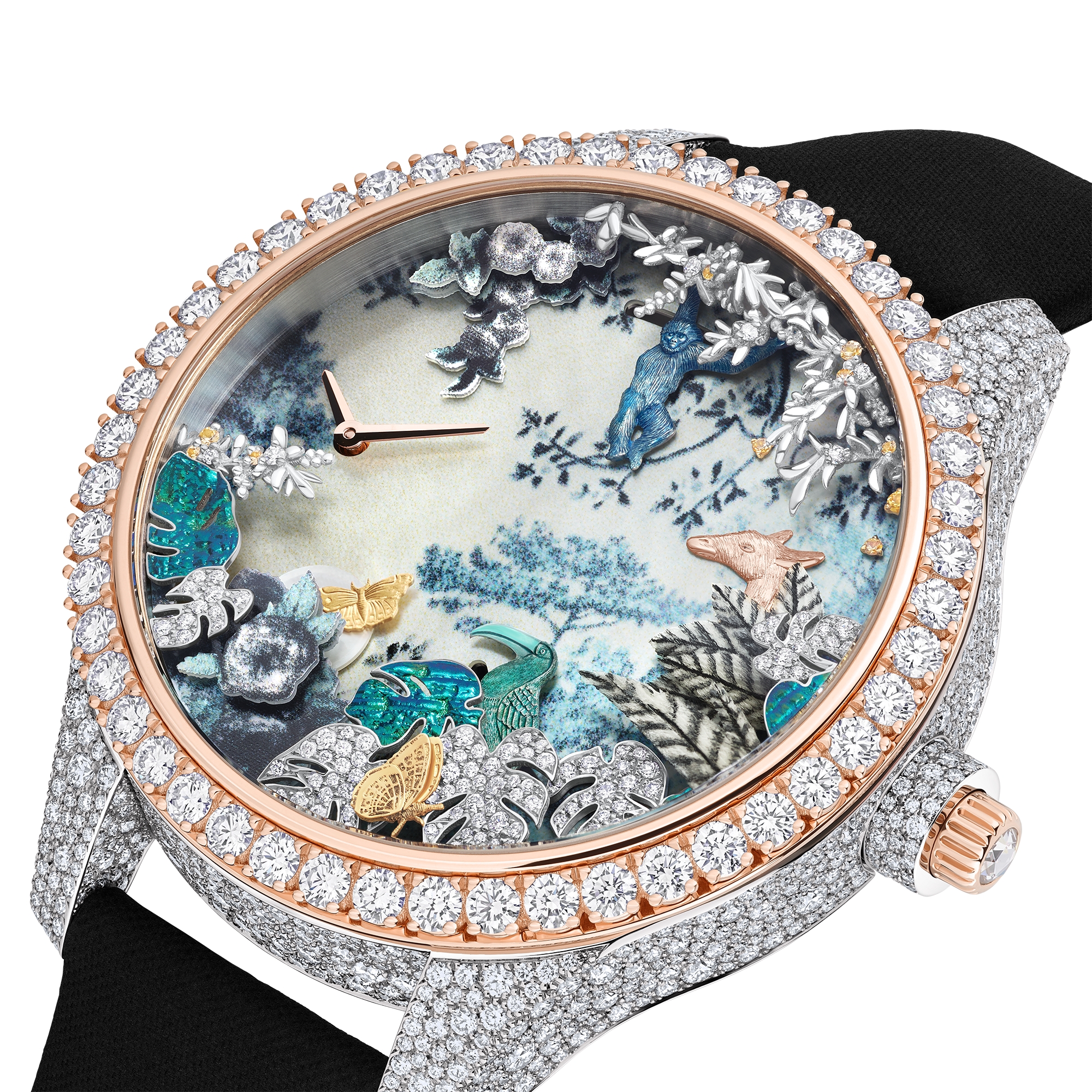 Dior Grand Soir Automate Jardin Rêvé N°2 Ø 38 mm, White Gold, Pink Gold, Yellow Gold, Diamonds, Yellow Sapphires, Mother of Pearl, Feathers and Scarab E13