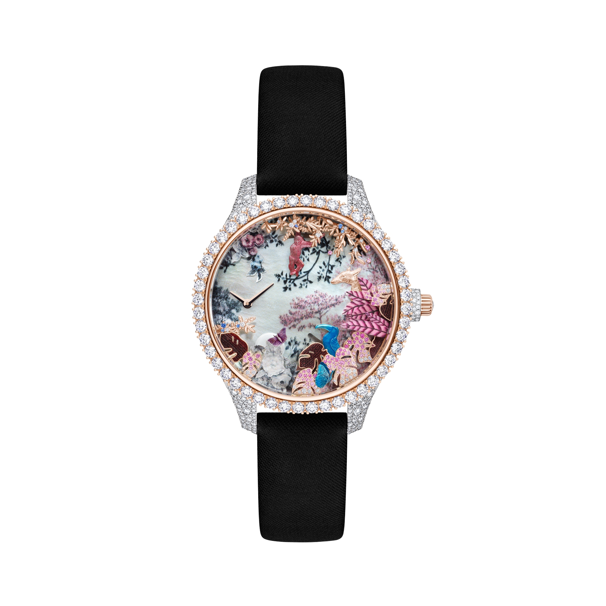Dior Grand Soir Automate Jardin Rêvé N°3 Ø 38 mm, or blanc, or rose, diamants, saphirs bleus, nacre, plumes et scarabée E01