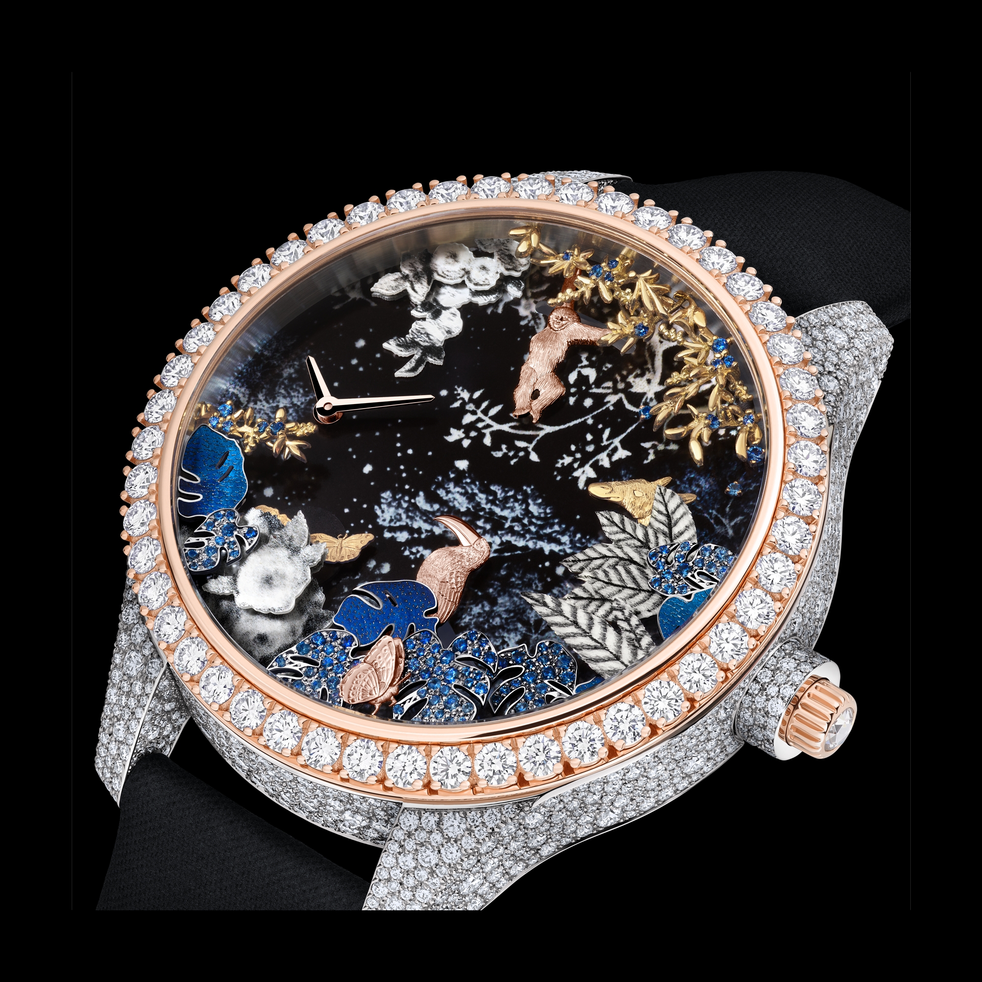 Dior Grand Soir Automate Jardin Rêvé N°4 Ø 38 MM, White Gold, Pink Gold, Yellow Gold, Diamonds, Blue Sapphires, Mother of Pearl, Feathers and Scarab E03