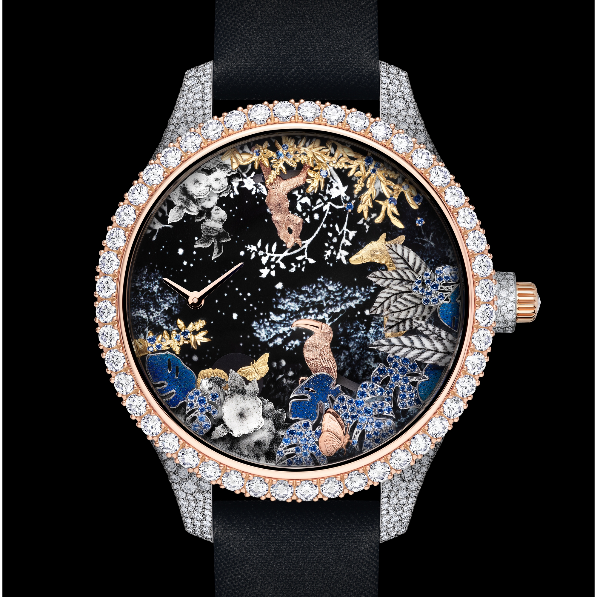 Dior Grand Soir Automate Jardin Rêvé N°4 Ø 38 MM, White Gold, Pink Gold, Yellow Gold, Diamonds, Blue Sapphires, Mother of Pearl, Feathers and Scarab E05