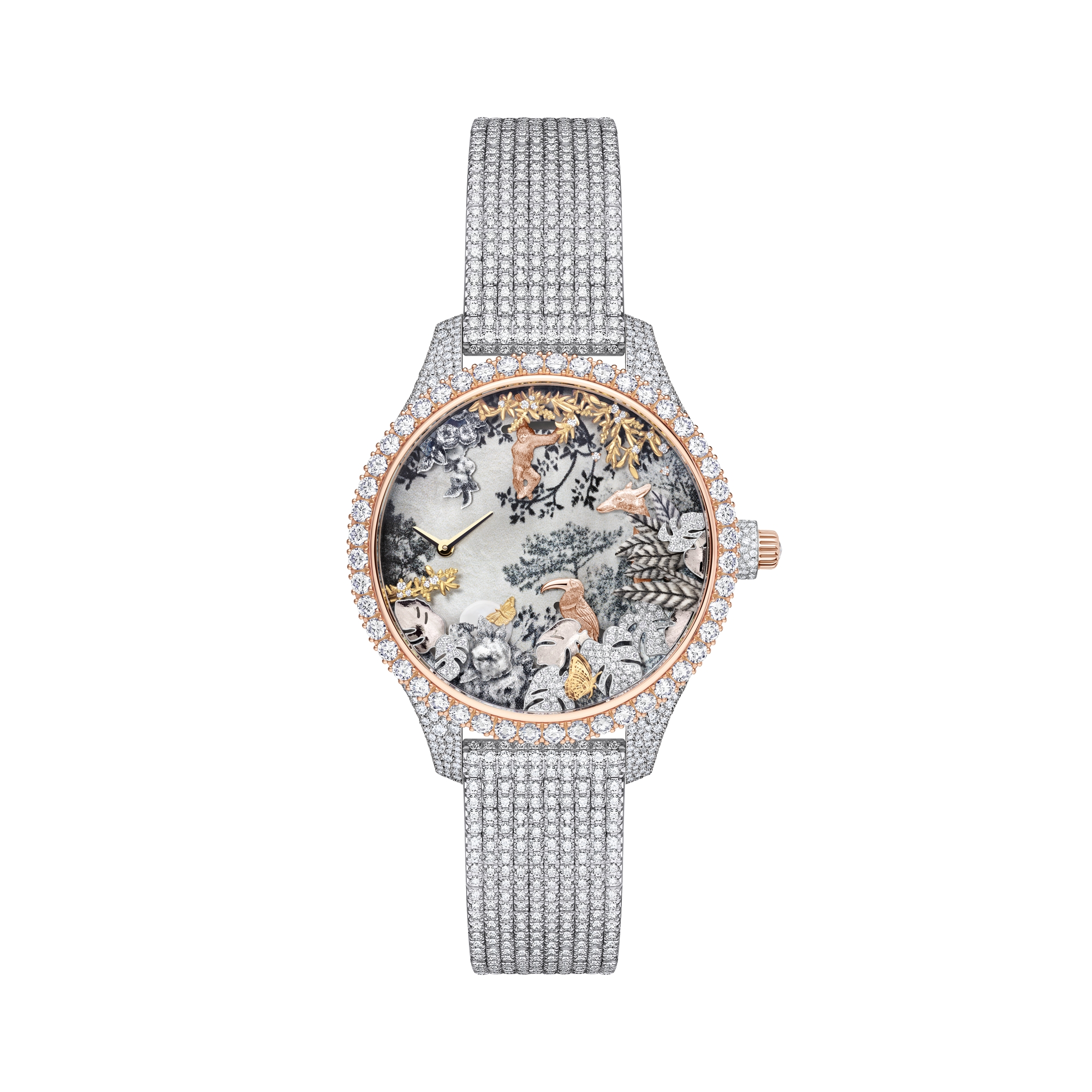 Dior Grand Soir Automate Jardin Rêvé N°5 Ø 38 mm, witgoud, roségoud, geelgoud, diamanten, parelmoer, veren en scarabee E01