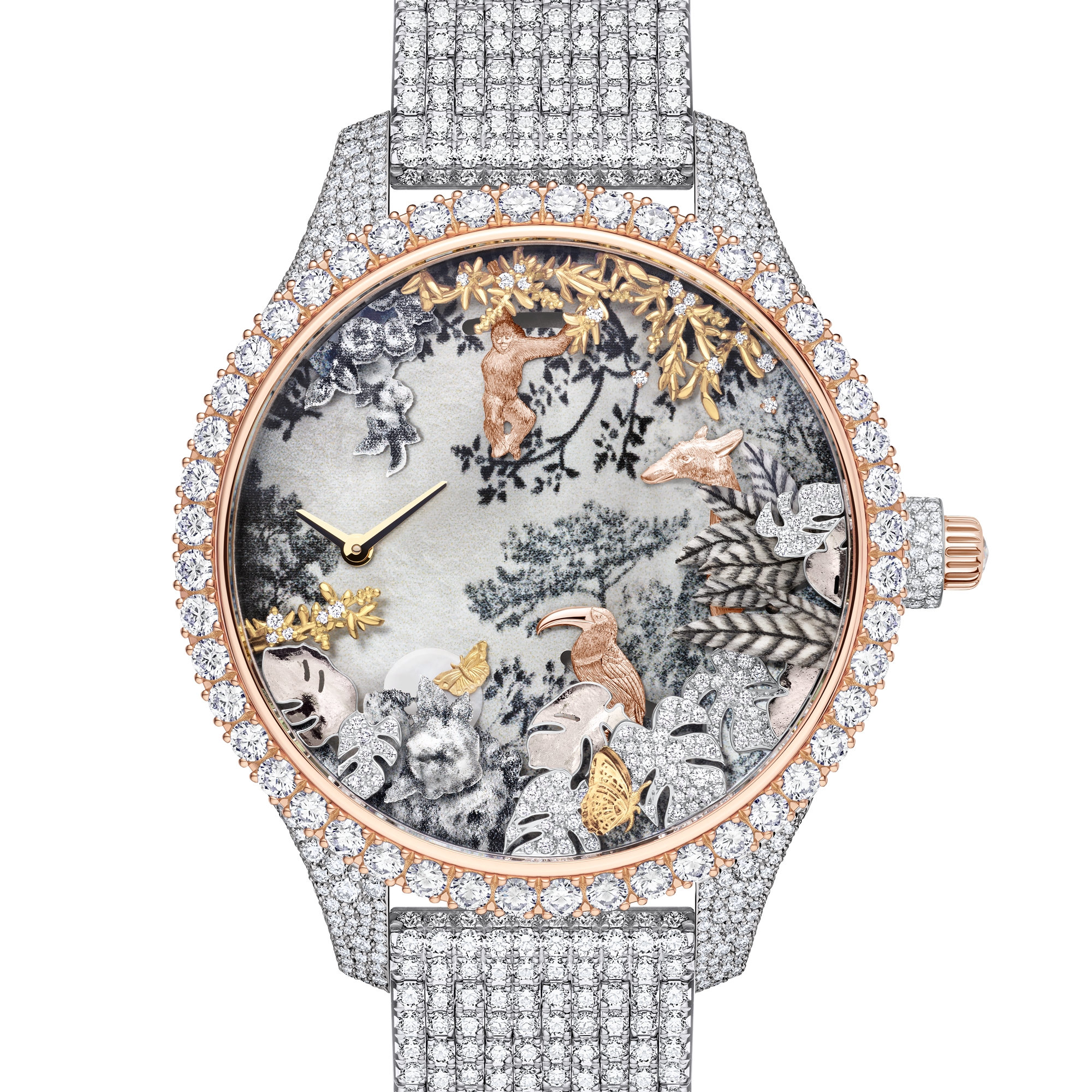 Dior Grand Soir Automate Jardin Rêvé N°5 Ø 38 mm, witgoud, roségoud, geelgoud, diamanten, parelmoer, veren en scarabee E06