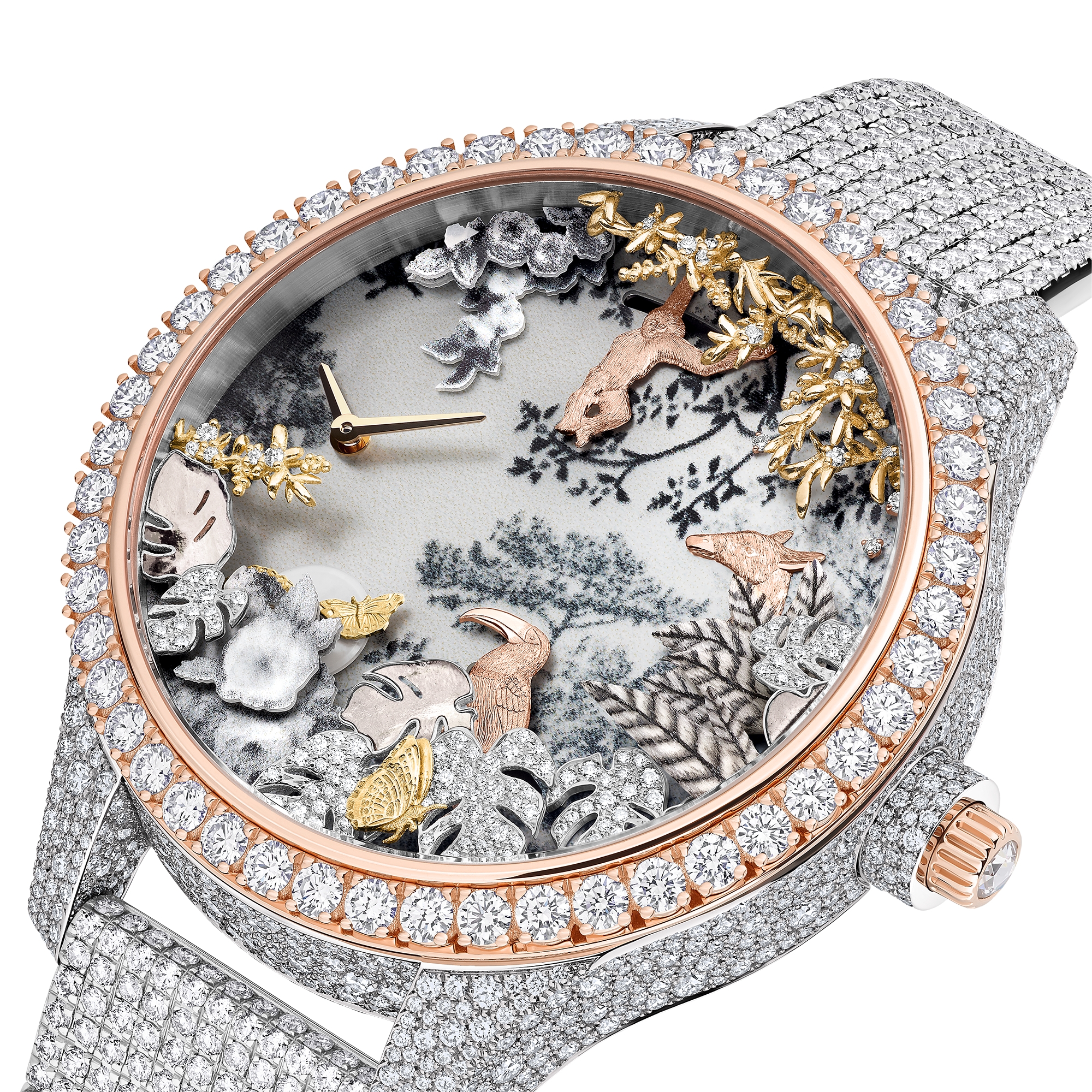 Dior Grand Soir Automate Jardin Rêvé N°5 Ø 38 mm, witgoud, roségoud, geelgoud, diamanten, parelmoer, veren en scarabee E13