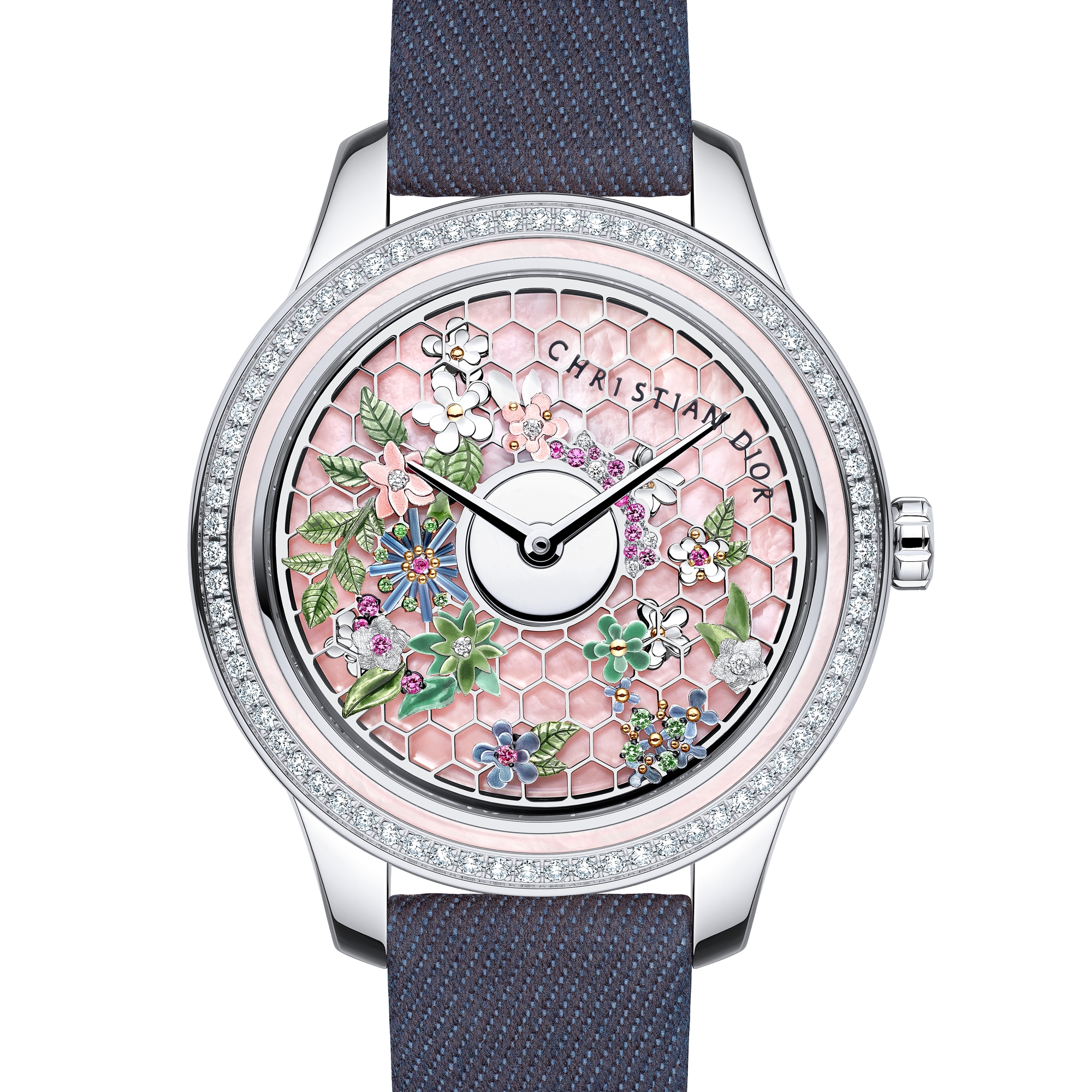 Dior Grand Bal Broderie Florale Ø 36 mm, Automatic Movement, Steel, White Gold, Pink Mother-Of-Pearl and Diamonds E06