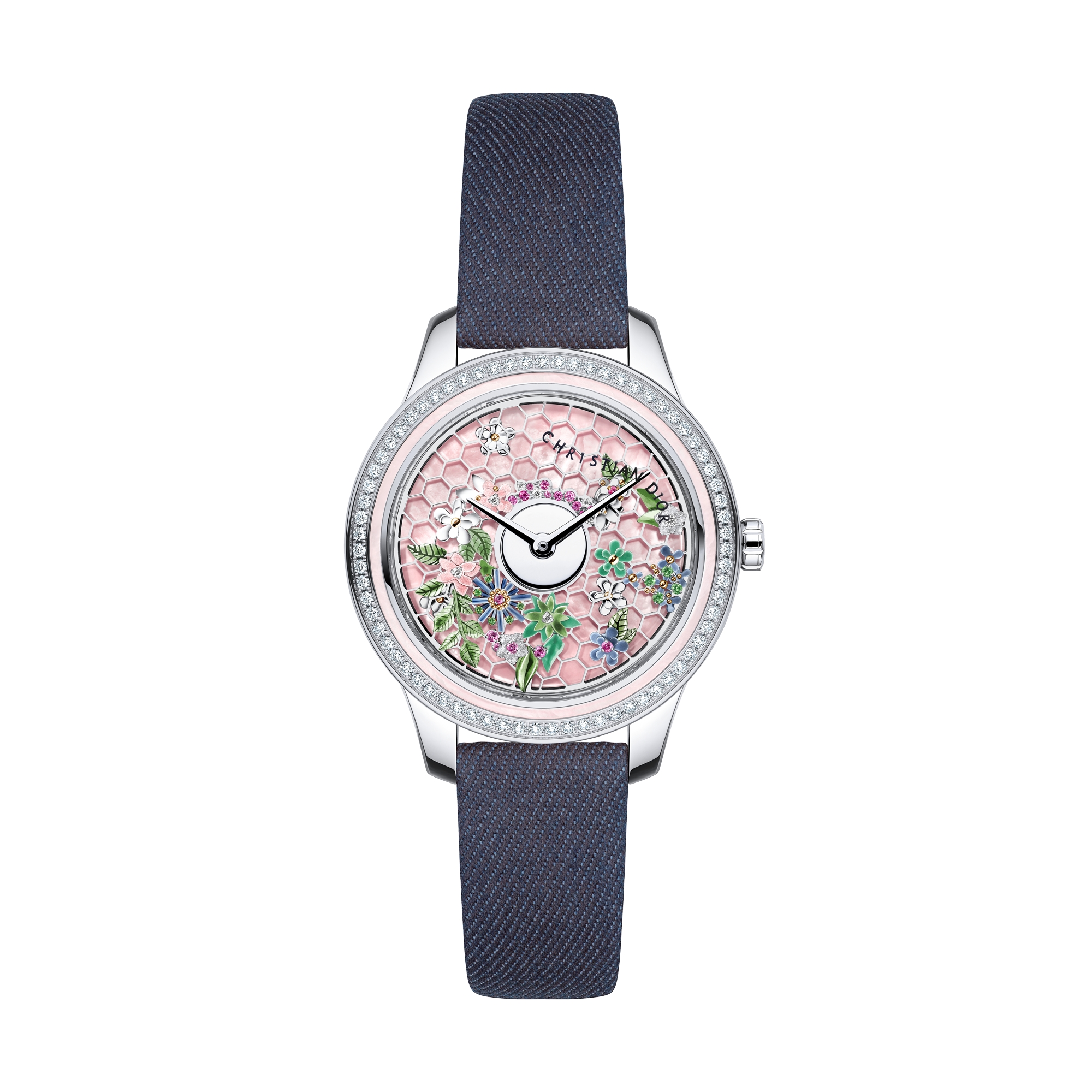 Dior Grand Bal Broderie Florale Ø 36 mm, Automatic Movement, Steel, White Gold, Pink Mother-Of-Pearl and Diamonds E09