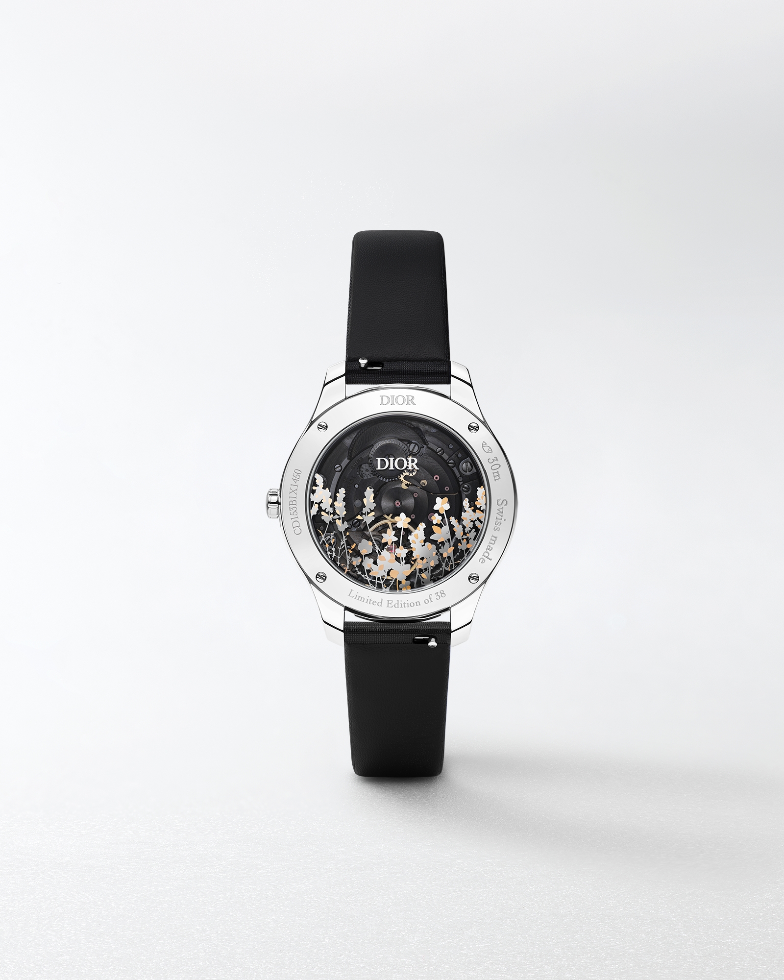 Dior Grand Bal Broderie Florale 直徑 36 毫米，自動上鏈機械機芯，精鋼、18K 白金、黑色珍珠母和鑽石 E07