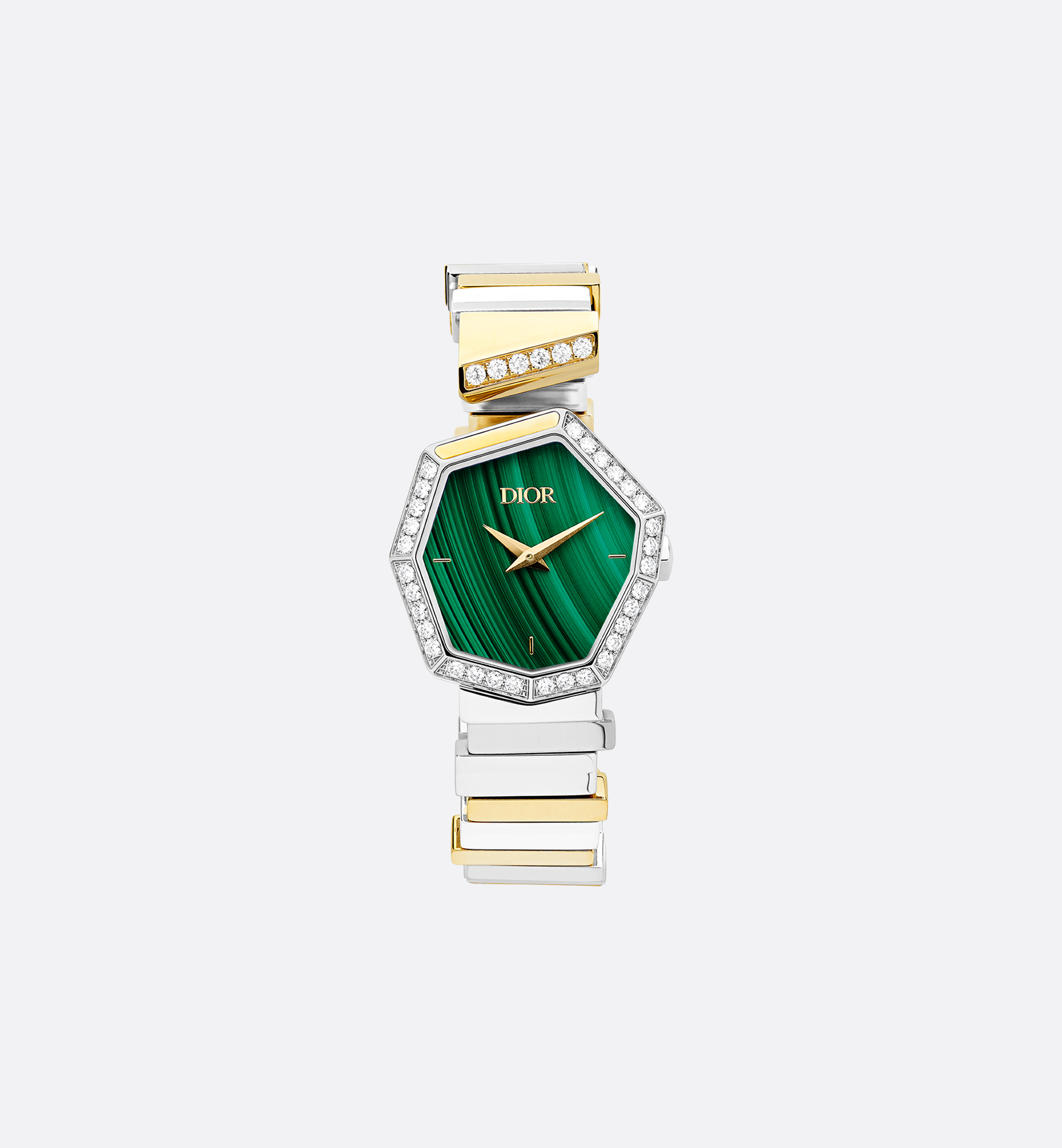 GEM DIOR Ø 27 mm, Steel, Yellow Gold, Malachite and Diamonds GEM DIOR Ø 27 mm, Steel, Yellow Gold, Malachite and Diamonds