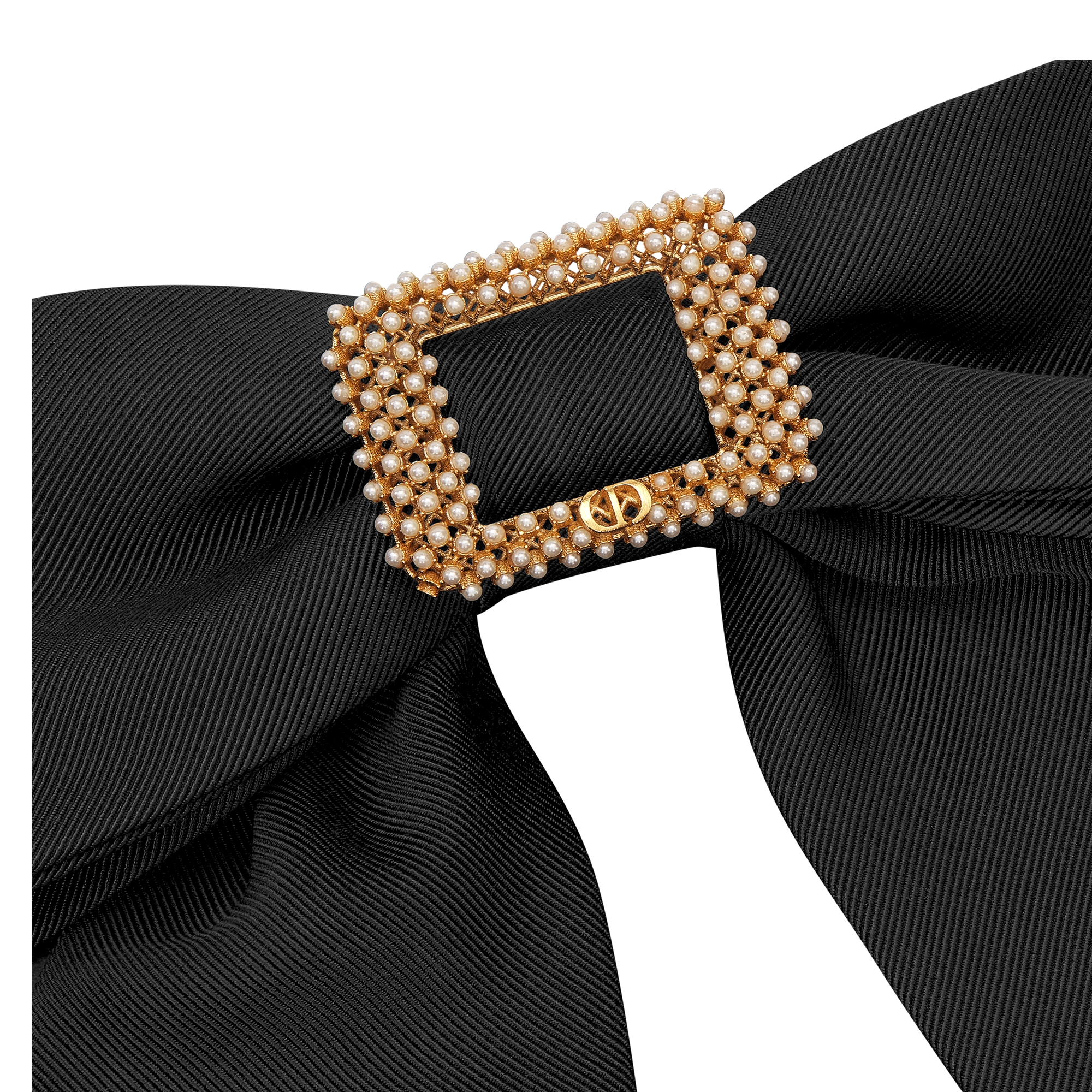 Large Dior Twist Bow Black Grosgrain-Effect Technical Fabric and White Resin Pearls E09