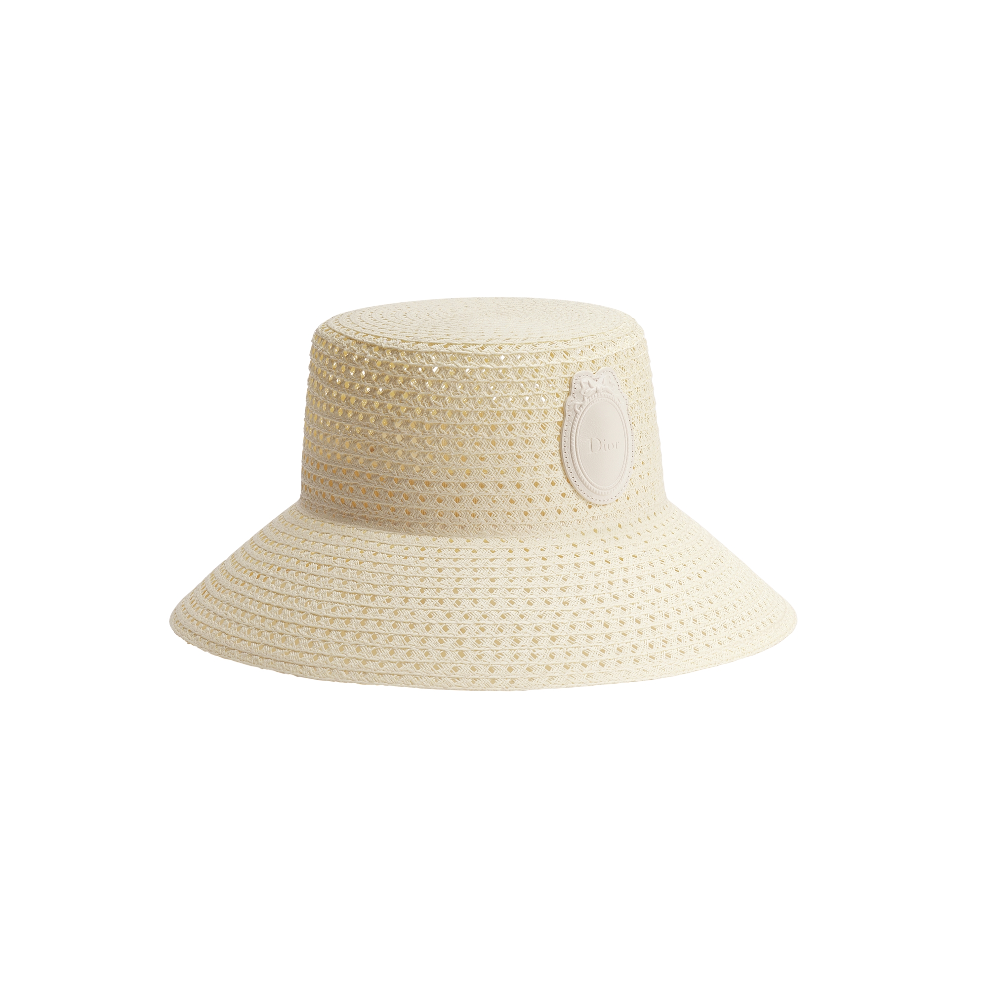 Dioriviera Dior Médaillon Teddy-D Small Brim Bucket Hat Ivory Straw and Lambskin E03