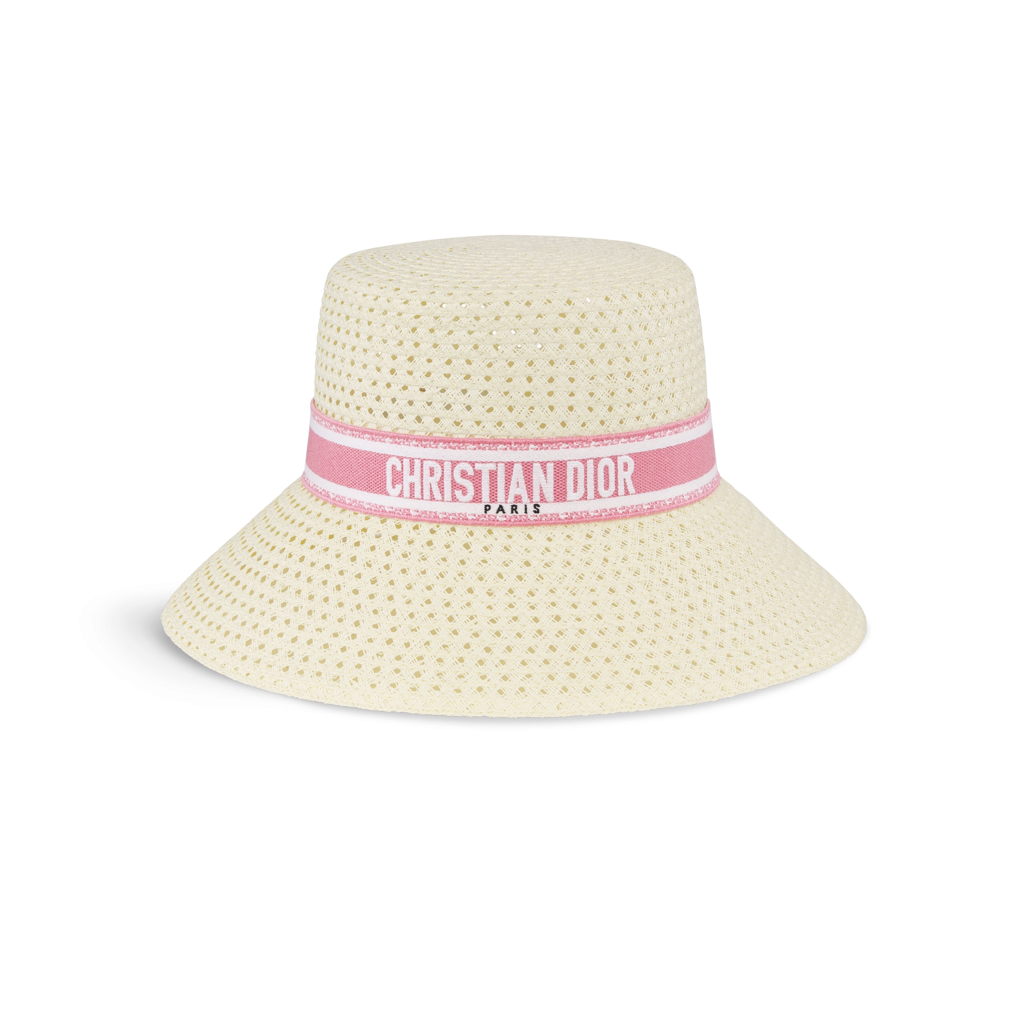 Dioriviera D-Bobby Large Brim Bucket Hat Ivory Straw with Pink and