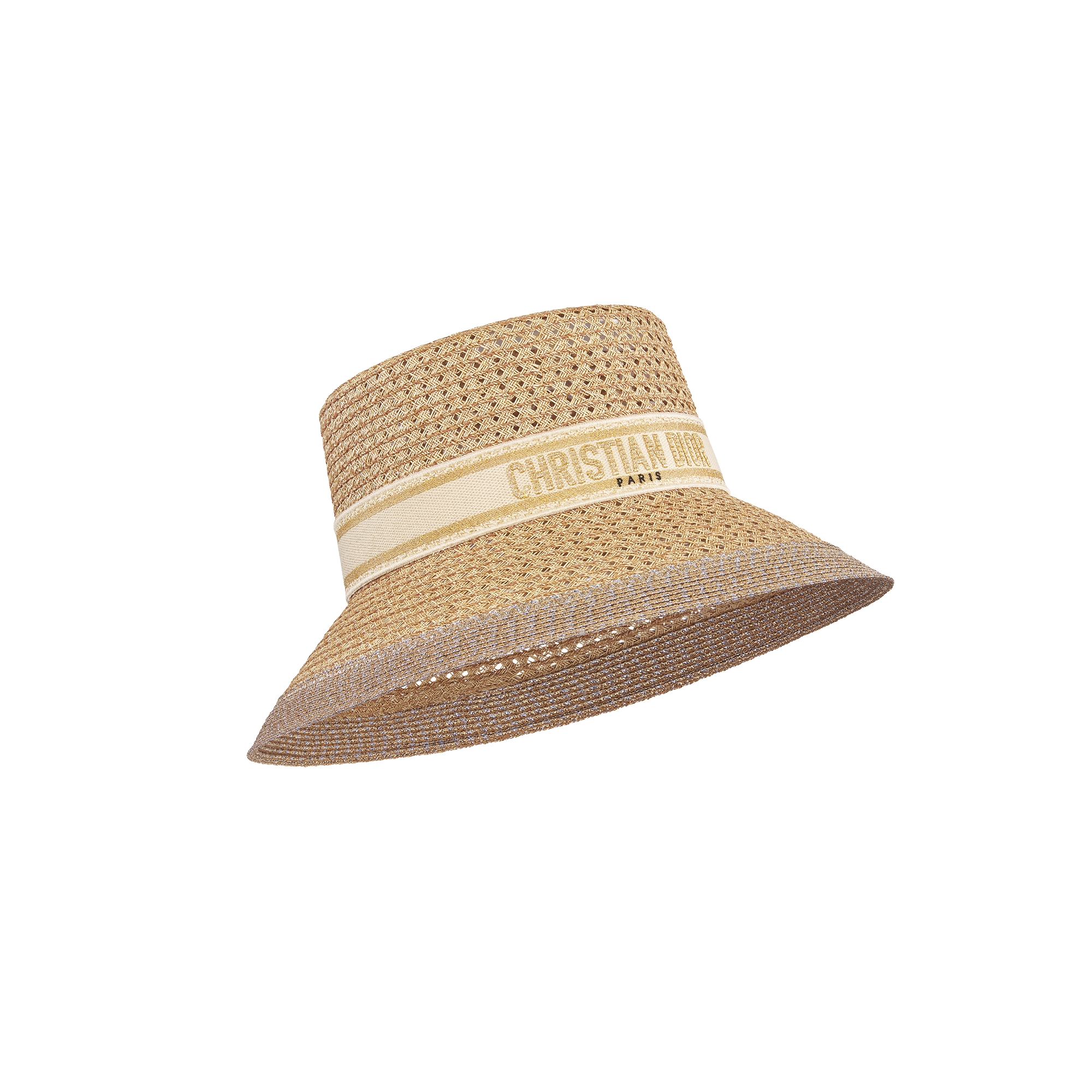 D-Bobby Large-Brim Hat Straw with Ecru and Gold-Tone Embroidered Band E03