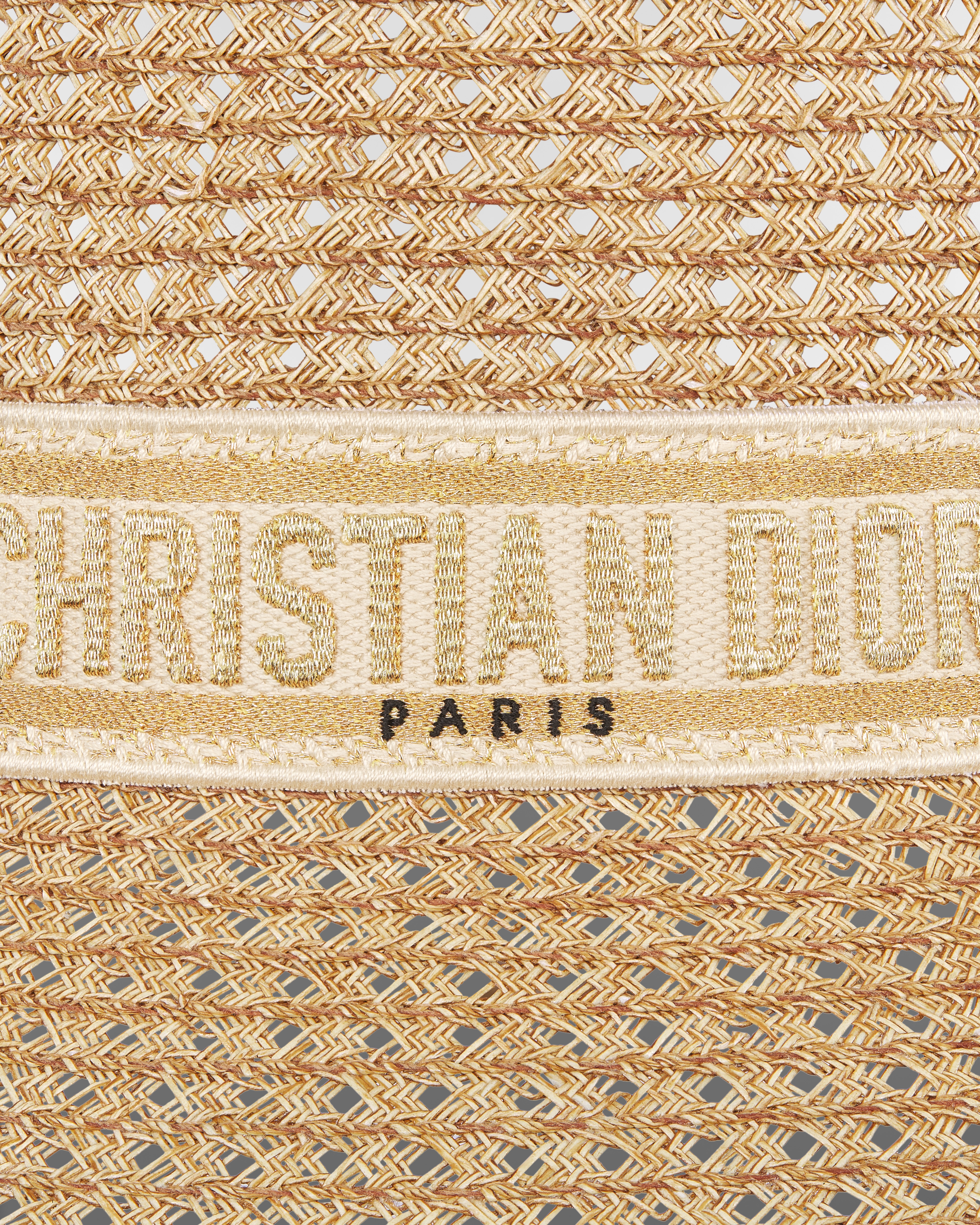 D-Bobby Large-Brim Hat Straw with Ecru and Gold-Tone Embroidered Band E09