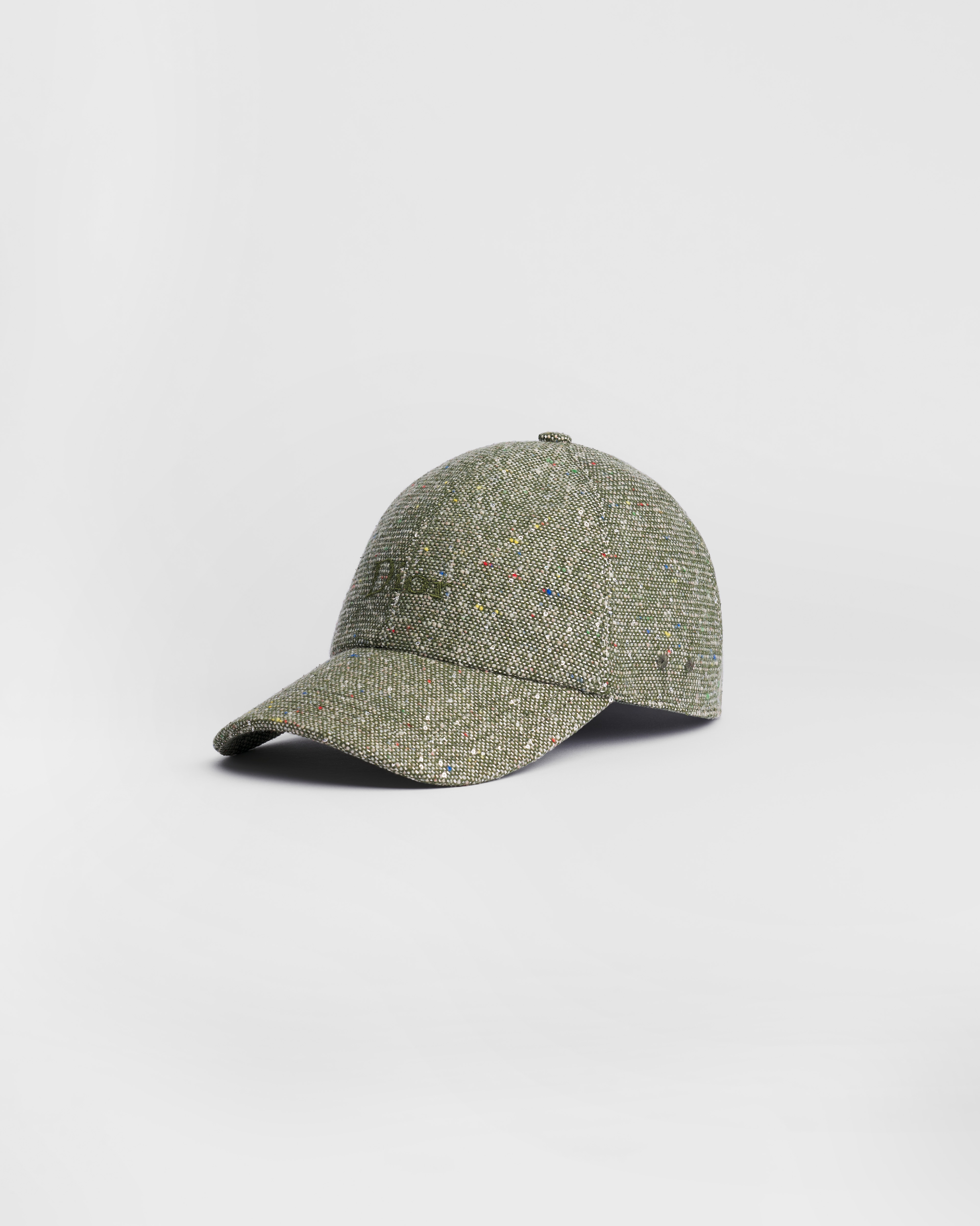 D-Player Cap Green Silk-Virgin-Wool-Blend Donegal Tweed with Silver-Tone Sequins E03